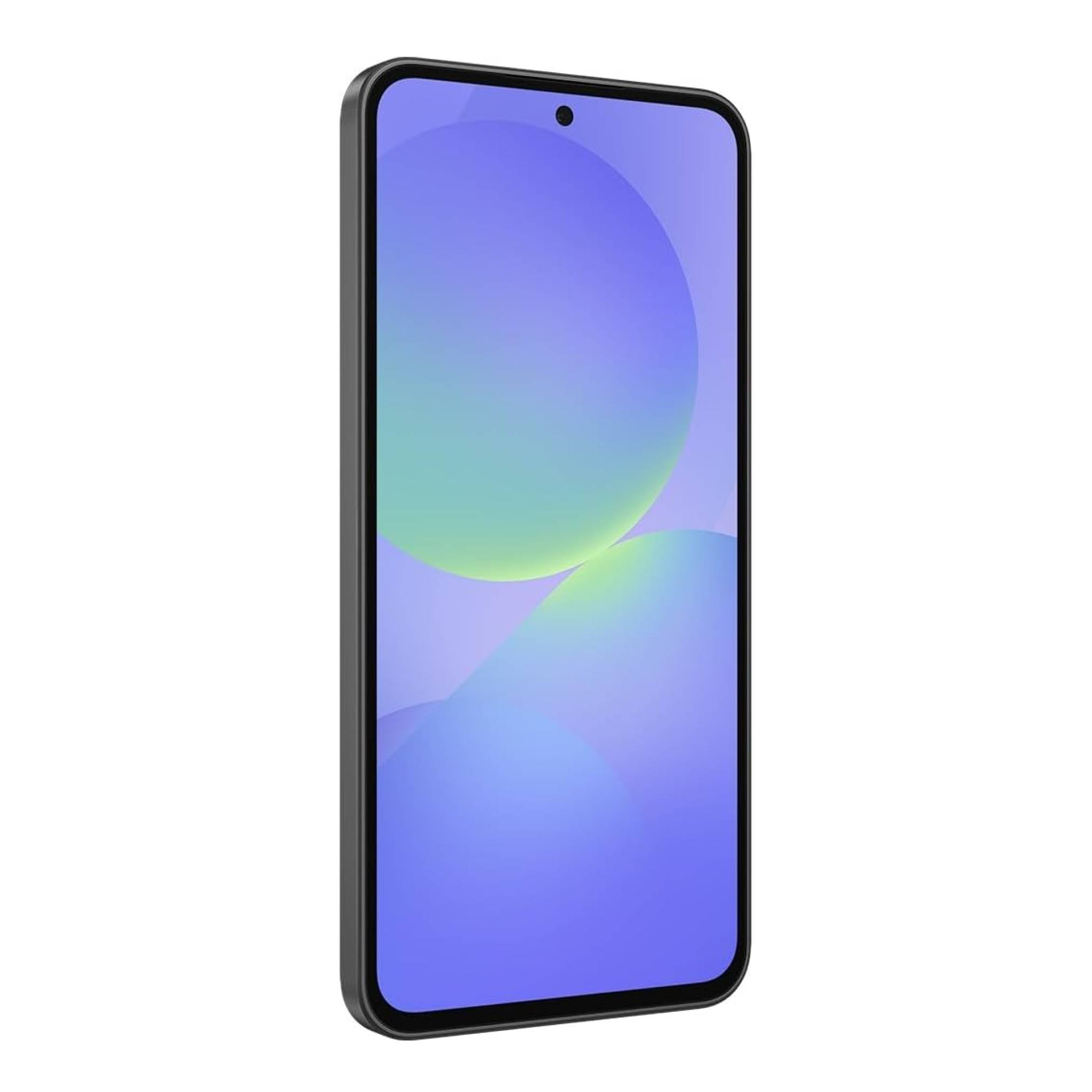 Ein modernes Smartphone mit Gradient-Display, in schräger Perspektive gezeigt, mit schmalen schwarzen Displayrändern und einem einzelnen vorderen Kameraloch in der Mitte oben.