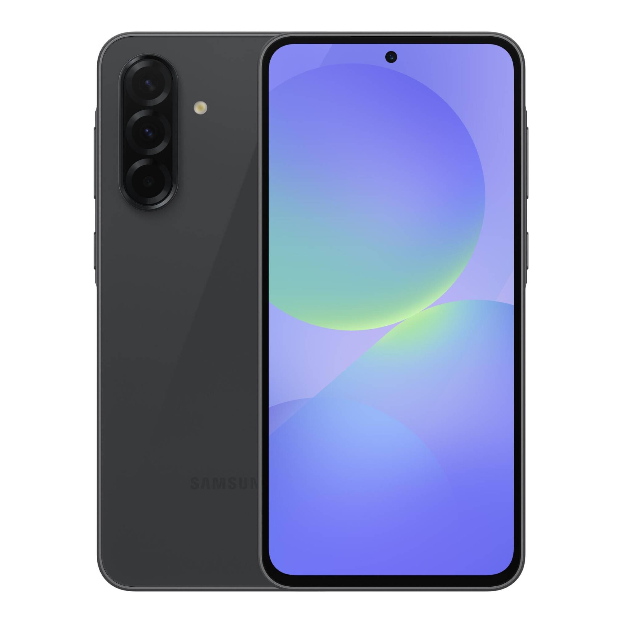 Ein schwarzes Smartphone mit einem Triple-Kamerasystem auf der Rückseite und einem großen Display auf der Vorderseite, das einen blau-violetten Farbverlauf anzeigt.