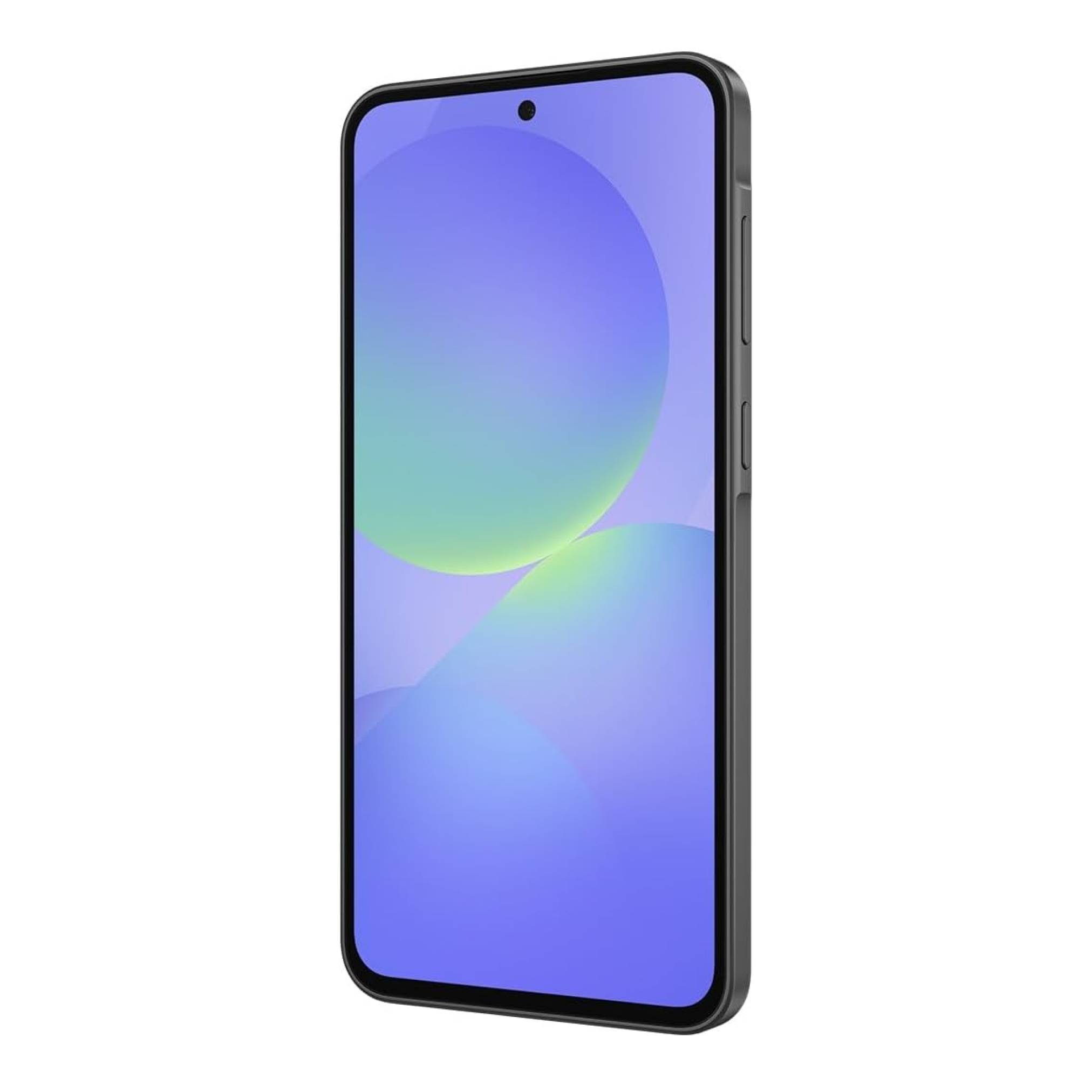 Ein elegantes, modernes Smartphone mit großem Bildschirm, der einen Farbverlauf von Blau und Lila anzeigt, aus einem Winkel fotografiert, der die Einschalttaste zeigt.