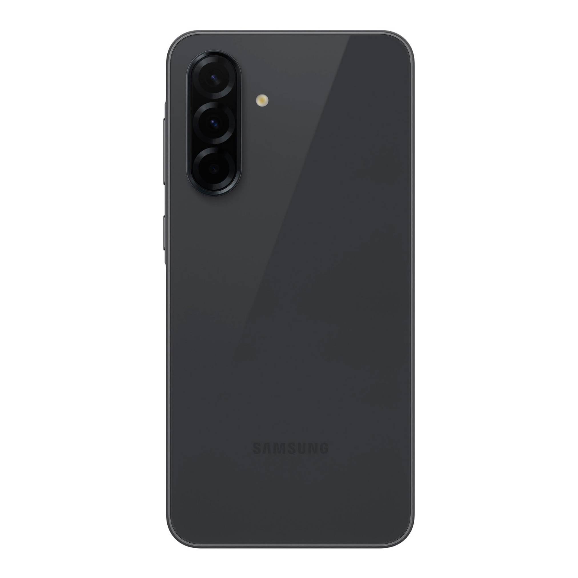 Ein schwarzes Smartphone mit drei rückwärtigen Kameraobjektiven und einem LED-Blitz, mit einem eleganten Design und dem Markenlogo in der Nähe des unteren Endes.