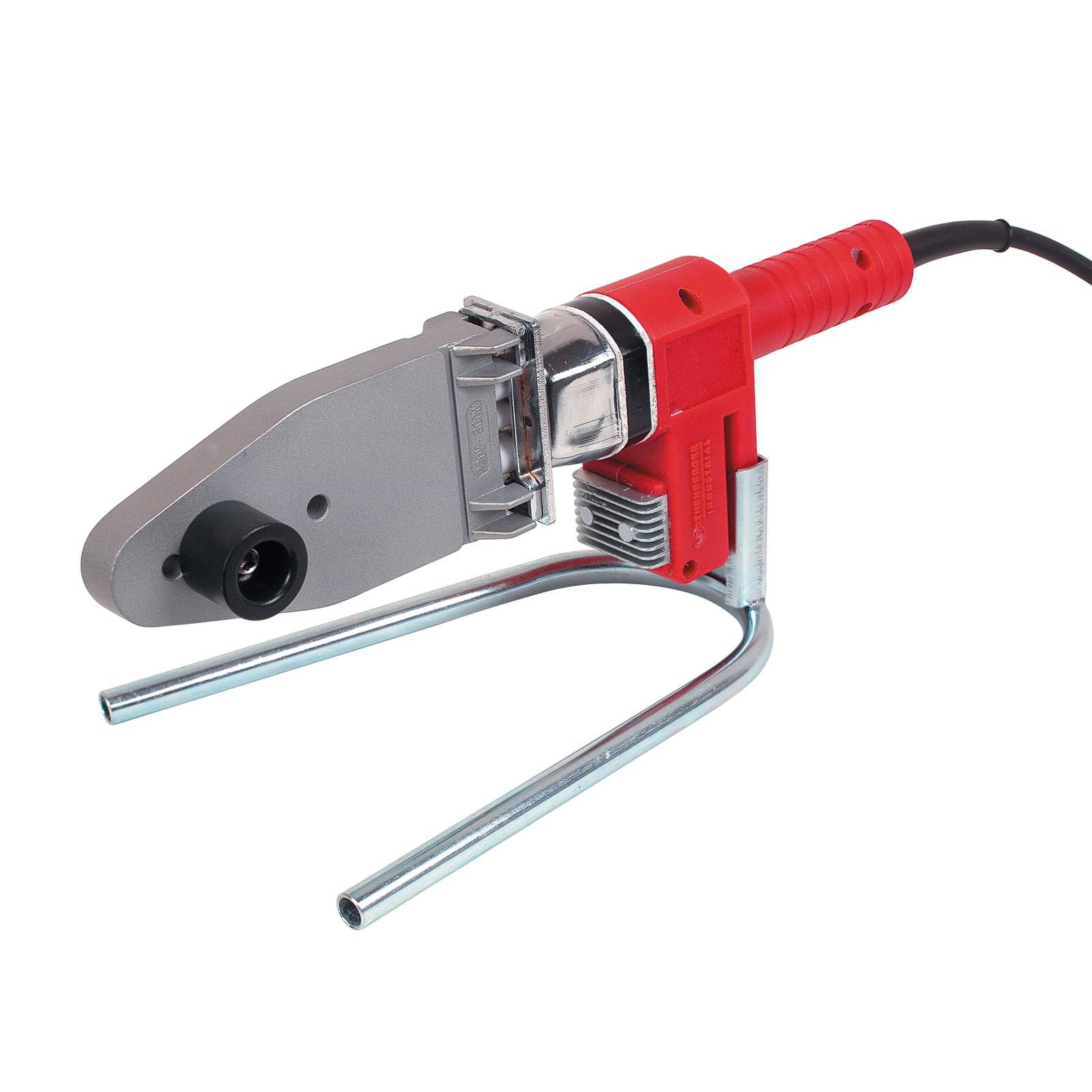 Eine rote und graue Rohrschweißmaschine mit einem langen Griff, die zum Verbinden von Kunststoffrohren verwendet wird. Der Hintergrund ist weiß.