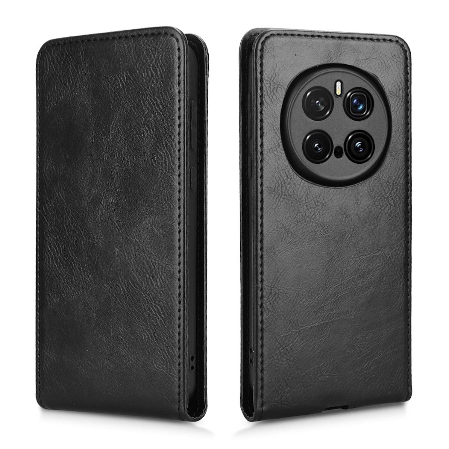 Für Honor Magic 7 Pro Magnetische Vertikale Flip Kunstleder Handy Hülle Schwarz