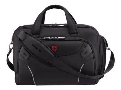 Eine schwarze Reisetasche mit Doppelgriffen, Schultergurt und rotem Logo in der Mitte, entwickelt zum Transportieren persönlicher Gegenstände.