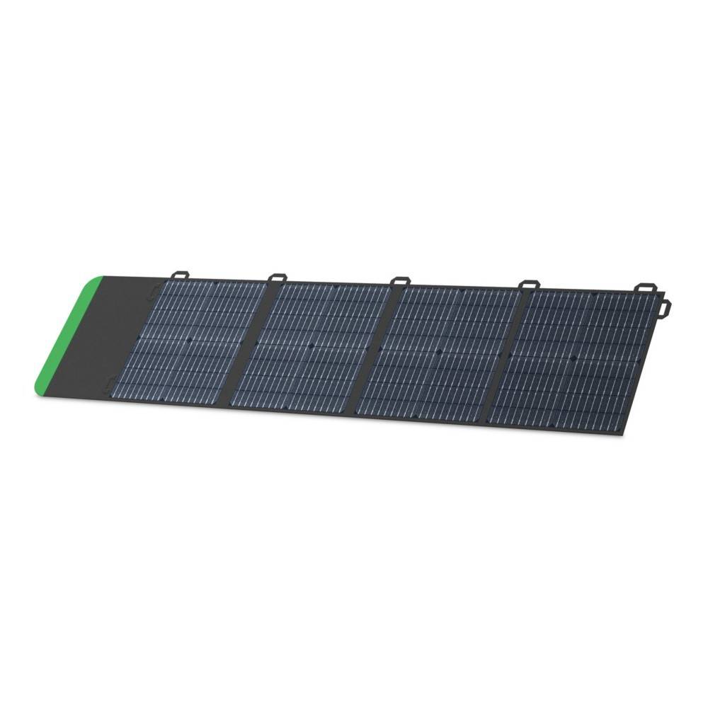 Ein faltbares Solarpanel mit vier Segmenten, entwickelt für mobile Nutzung, mit grüner Kante, geeignet zum Aufladen elektronischer Geräte im Freien.