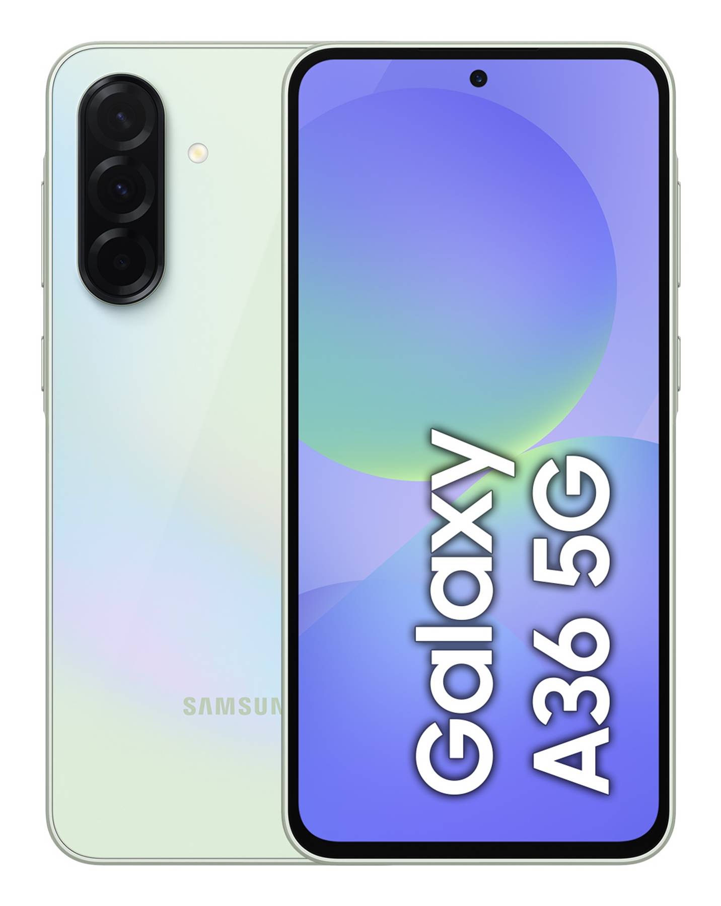 Samsung Galaxy A36 5G Smartphone in Mintgrün-Ausführung von vorne und hinten gezeigt, mit dreifacher Rückkamera und dem Bildschirm, auf dem 
