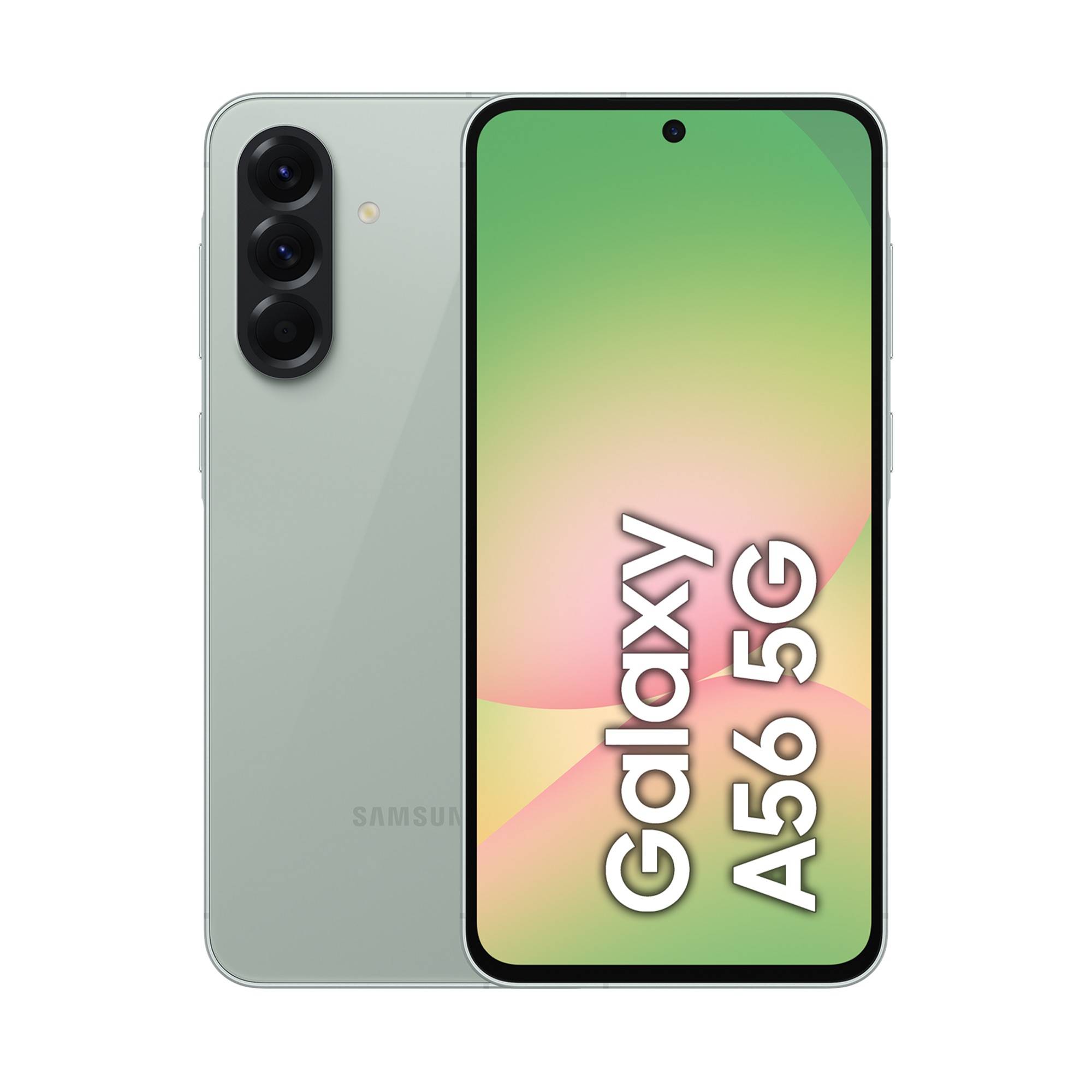 Samsung Galaxy A56 5G Smartphone von vorne und hinten in Hellgrün dargestellt, mit dreifacher Rückseiten-Kamera und „Galaxy A56 5G