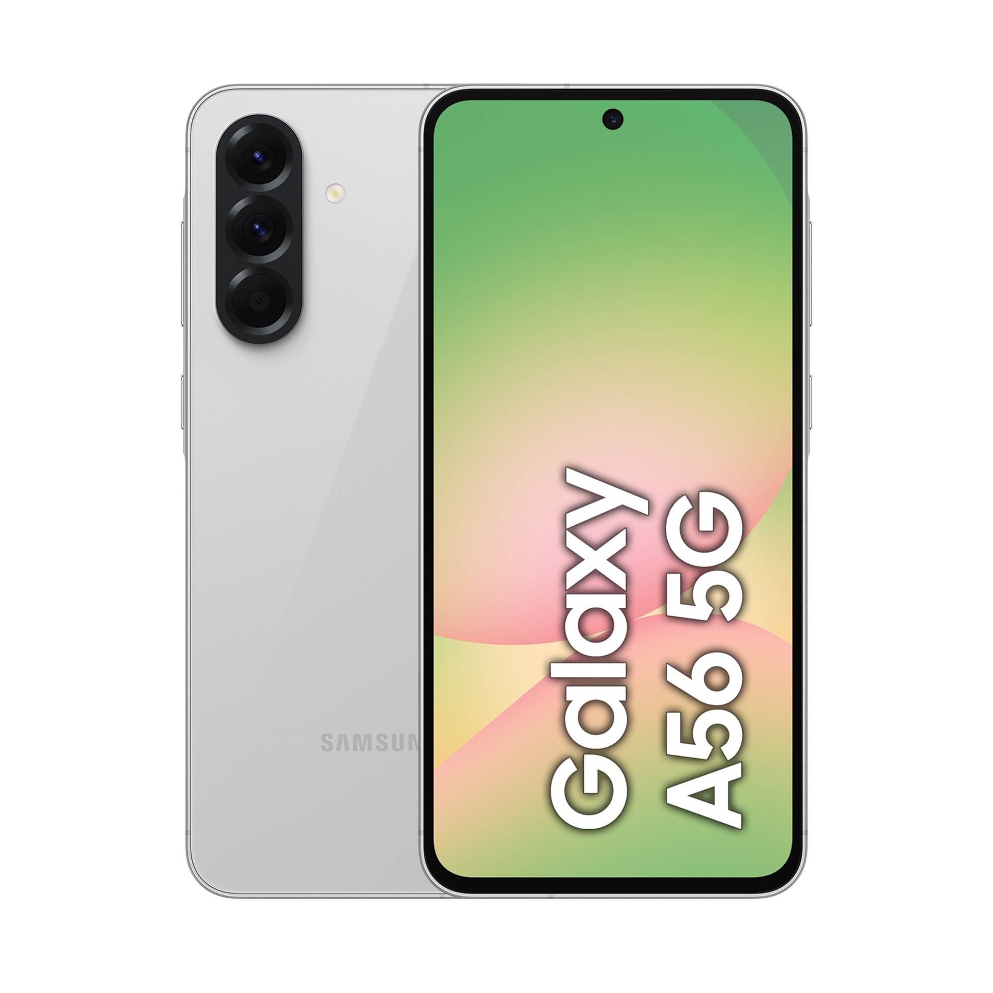 Samsung Galaxy A56 5G-Smartphone von vorne und hinten gezeigt, Silberfinish mit dreifacher Rückfahrtkamera und vertikalem Text „Galaxy A56 5G