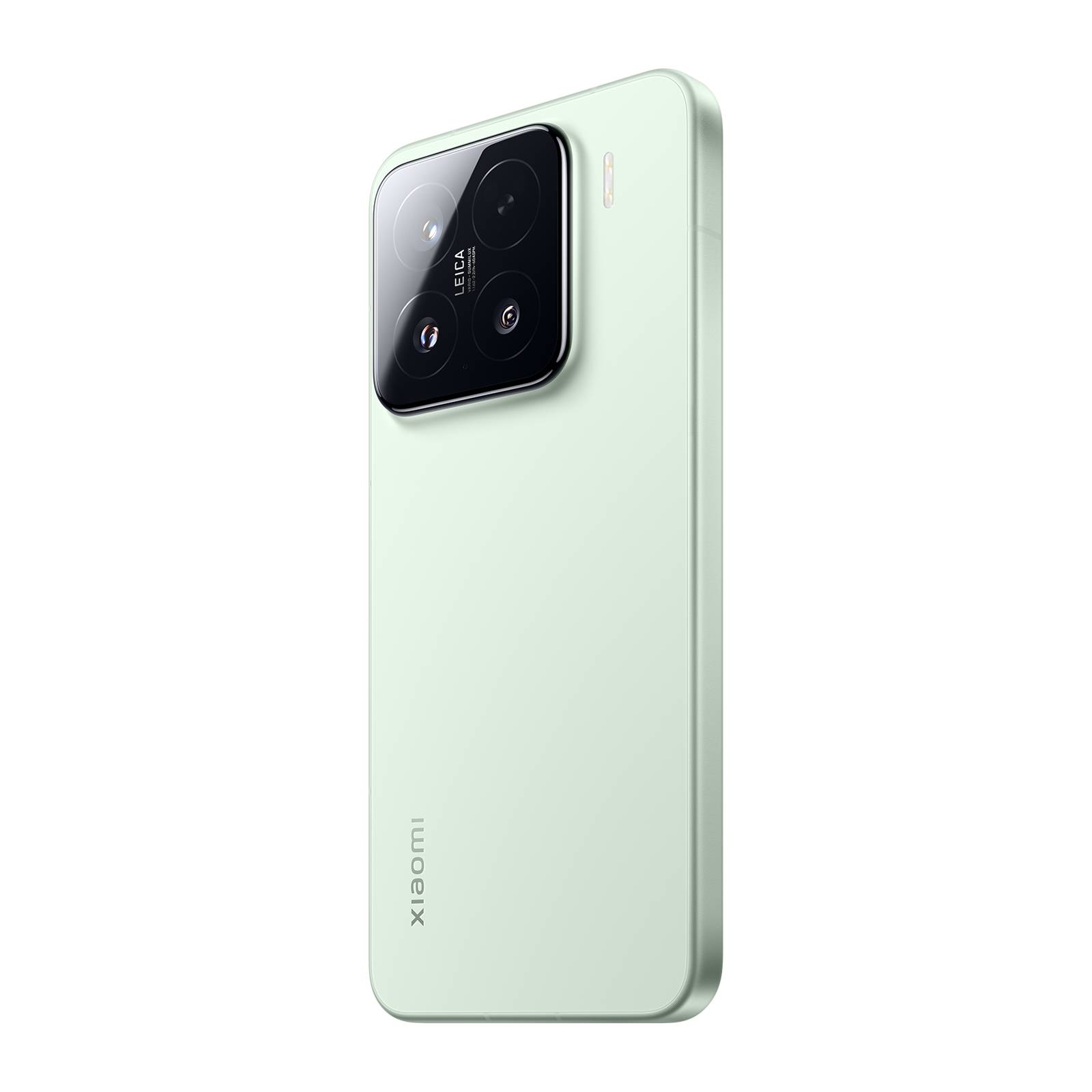 Mint-grünes Xiaomi-Smartphone in Rückansicht mit großem quadratischem Triple-Kamera-Modul auf schwarzem Hintergrund.
