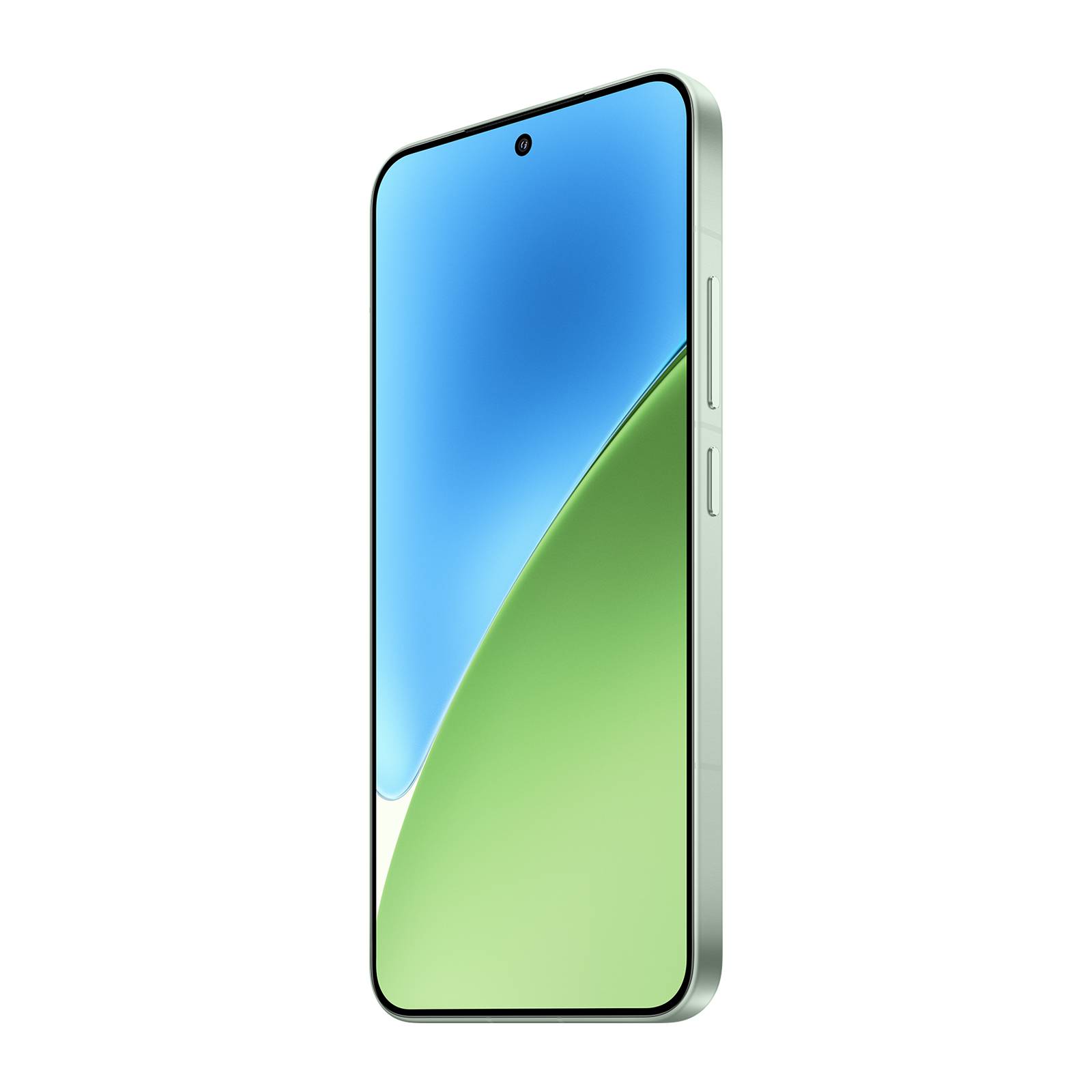 Ein silbernes Smartphone in Vorderansicht auf schwarzem Hintergrund, mit einem blau-grünen Farbverlauf-Bildschirm und zentrierter Punch-Hole-Kamera.
