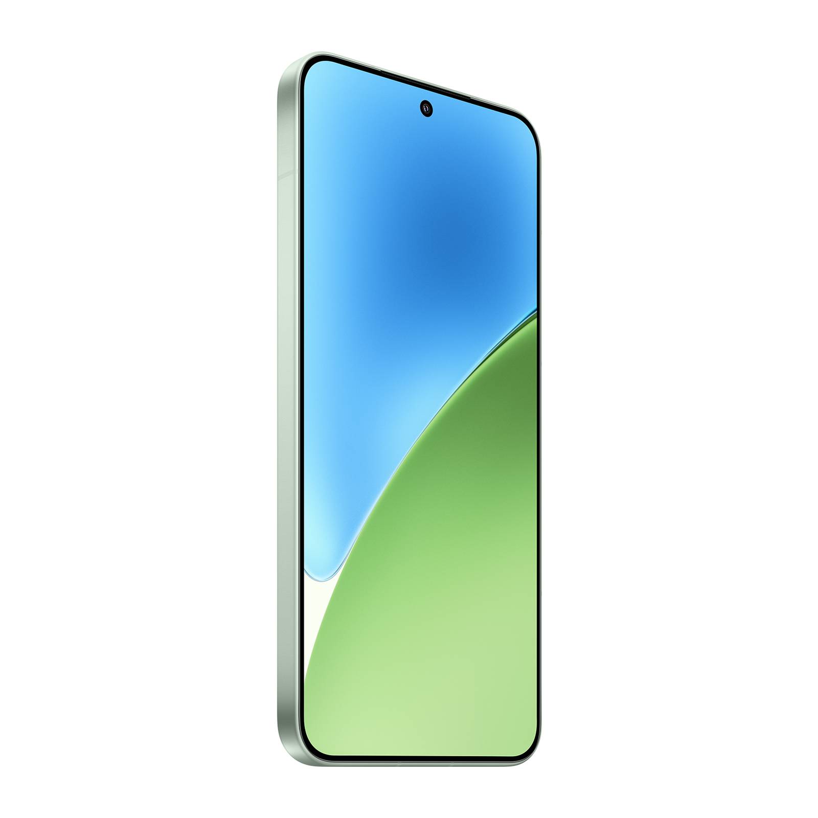 Vorderansicht eines schlanken Smartphones mit einem blauen und grünen abstrakten Hintergrundbild und zentrierter Lochkamera an einem schwarzen Hintergrund.
