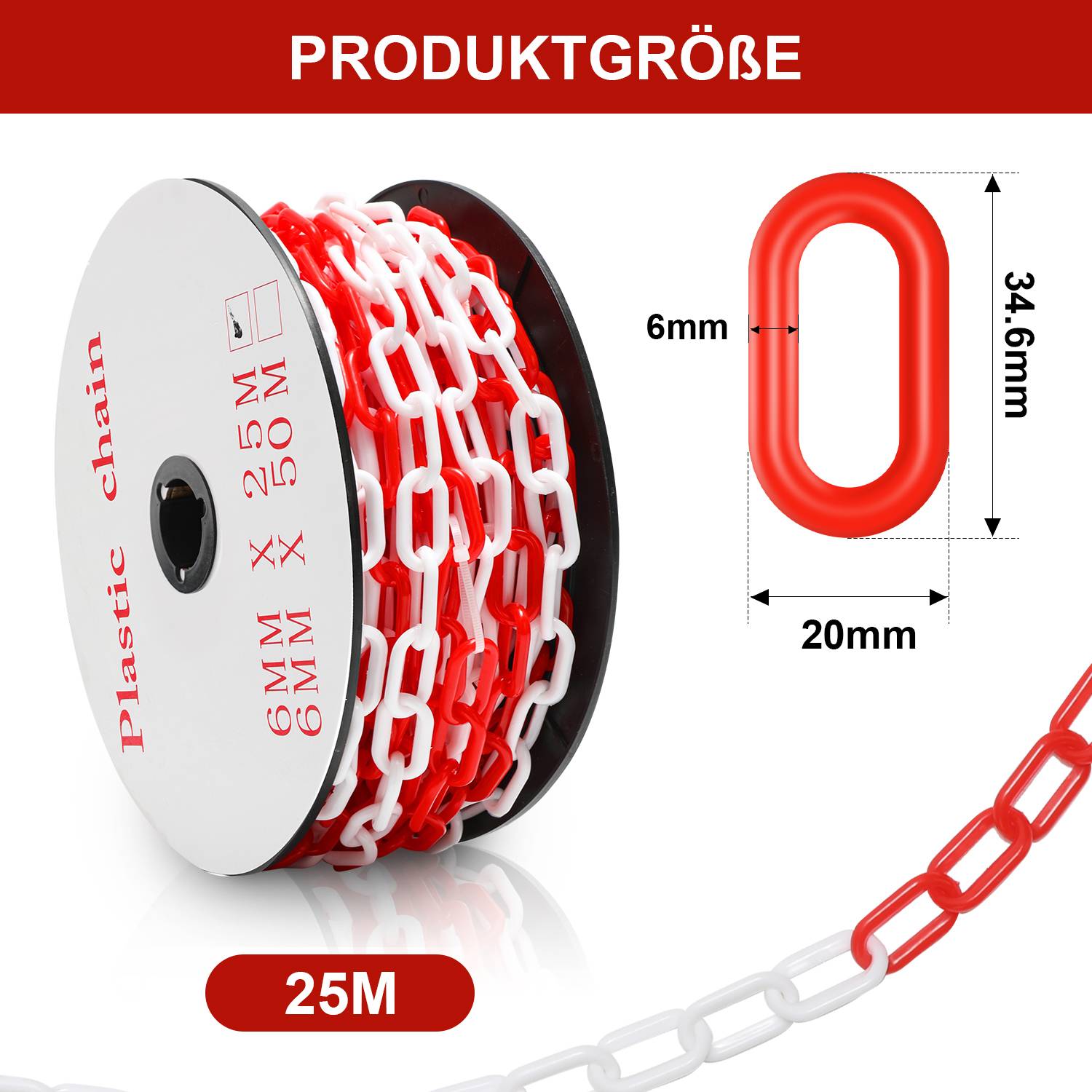 Absperrkette Kunststoffkette Rot Weiß 6mm Stärke für Parkplätze und Parkplatzsperren 25m