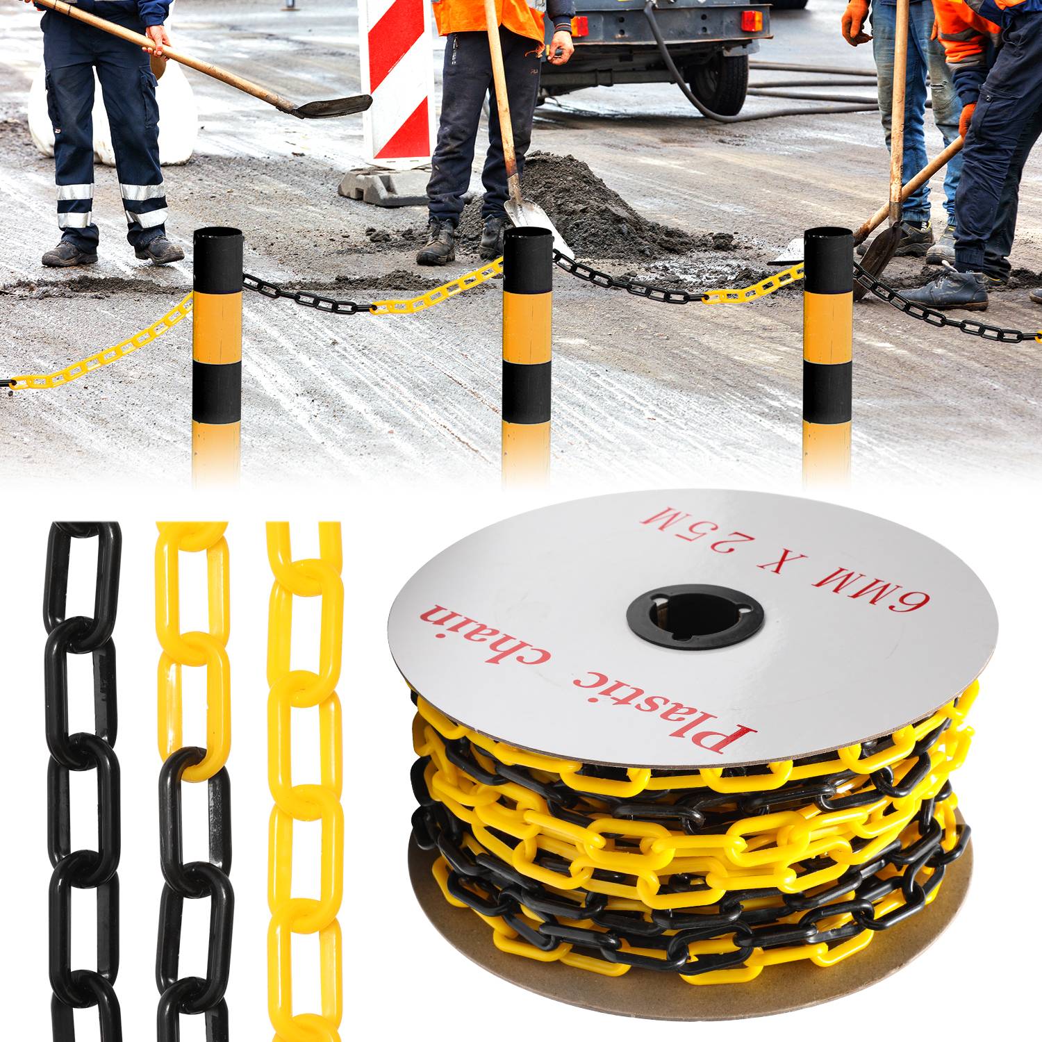 Absperrkette Kunststoffkette schwarz gelb 6mm Stärke für Parkplätze und Parkplatzsperren 25m