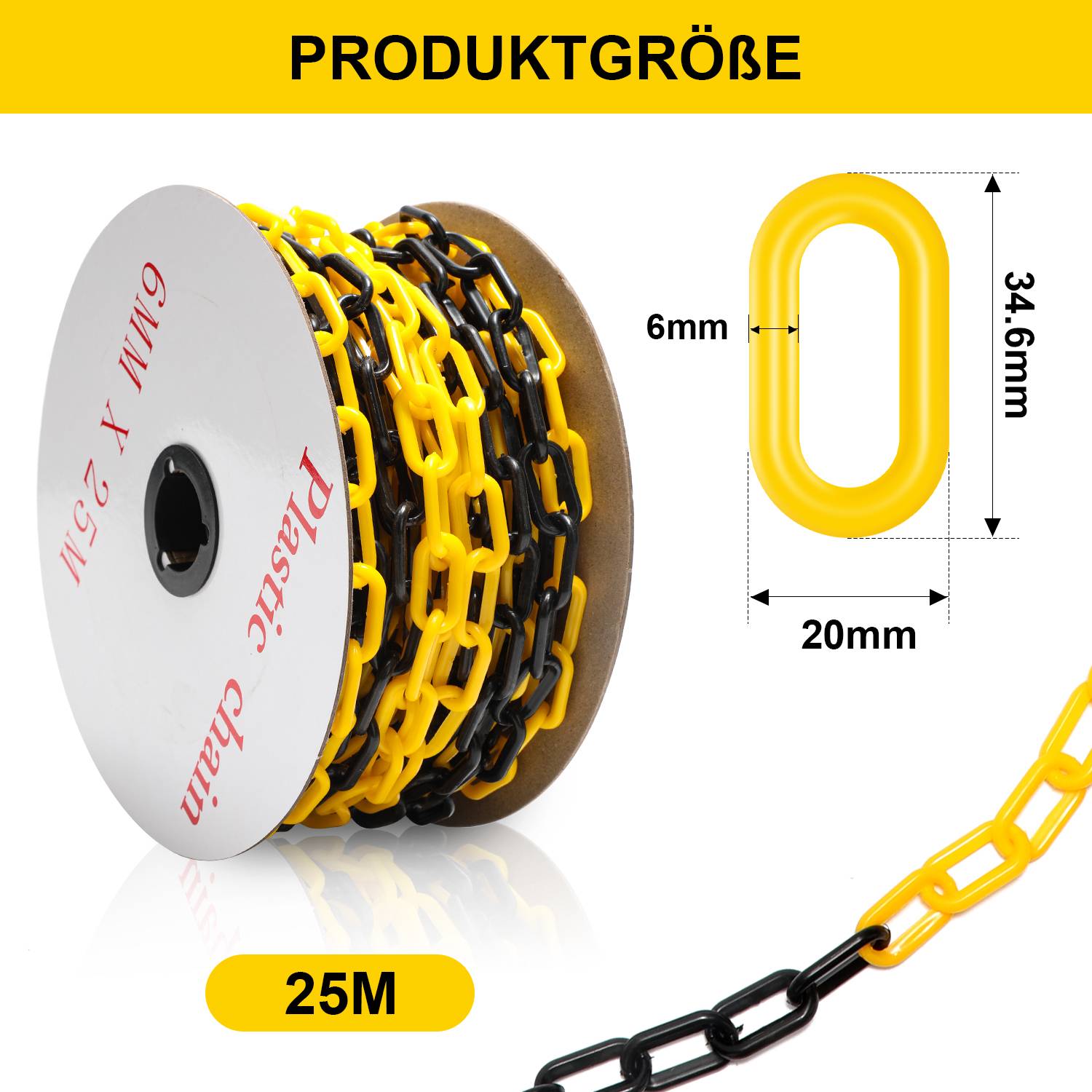 Absperrkette Kunststoffkette schwarz gelb 6mm Stärke für Parkplätze und Parkplatzsperren 25m