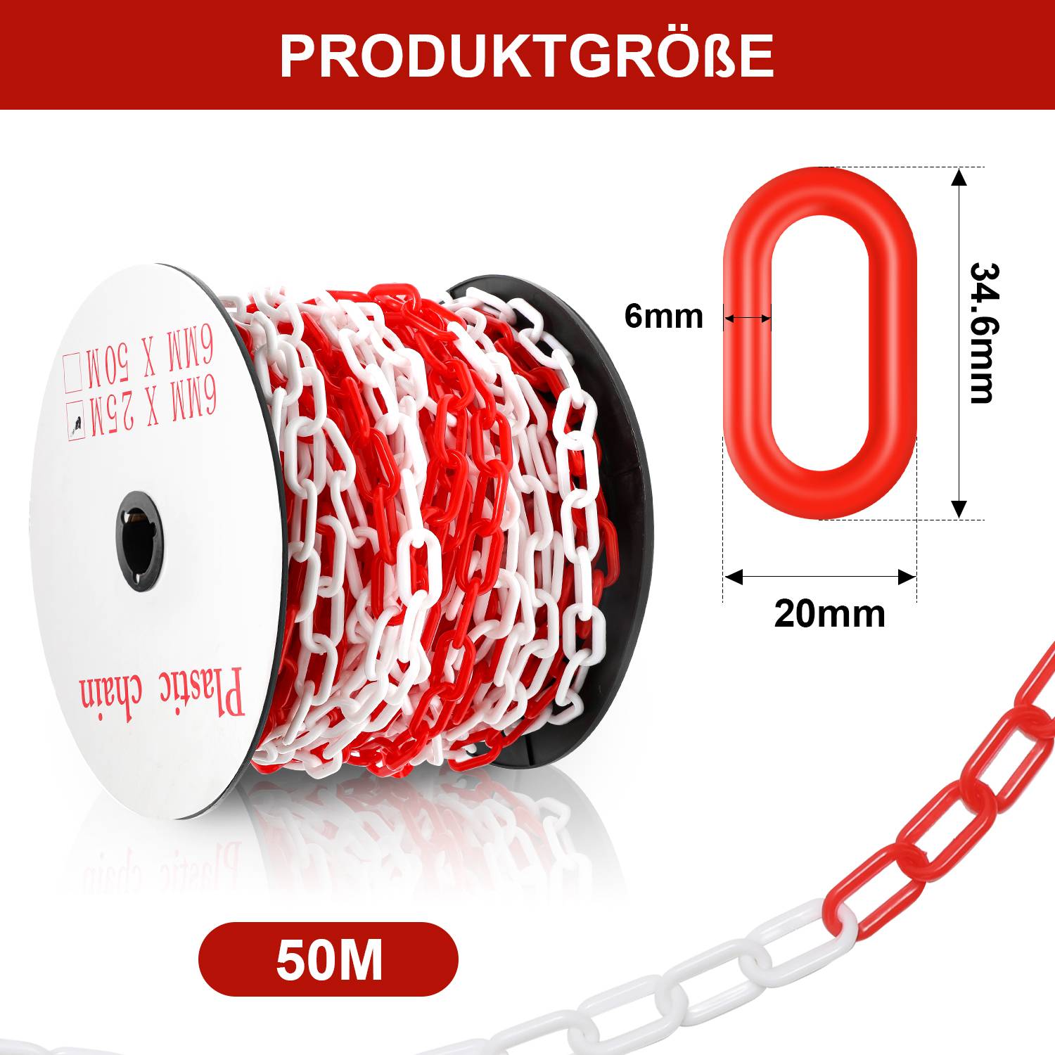 Absperrkette Kunststoffkette Rot Weiß 6mm Stärke für Parkplätze und Parkplatzsperren 50m