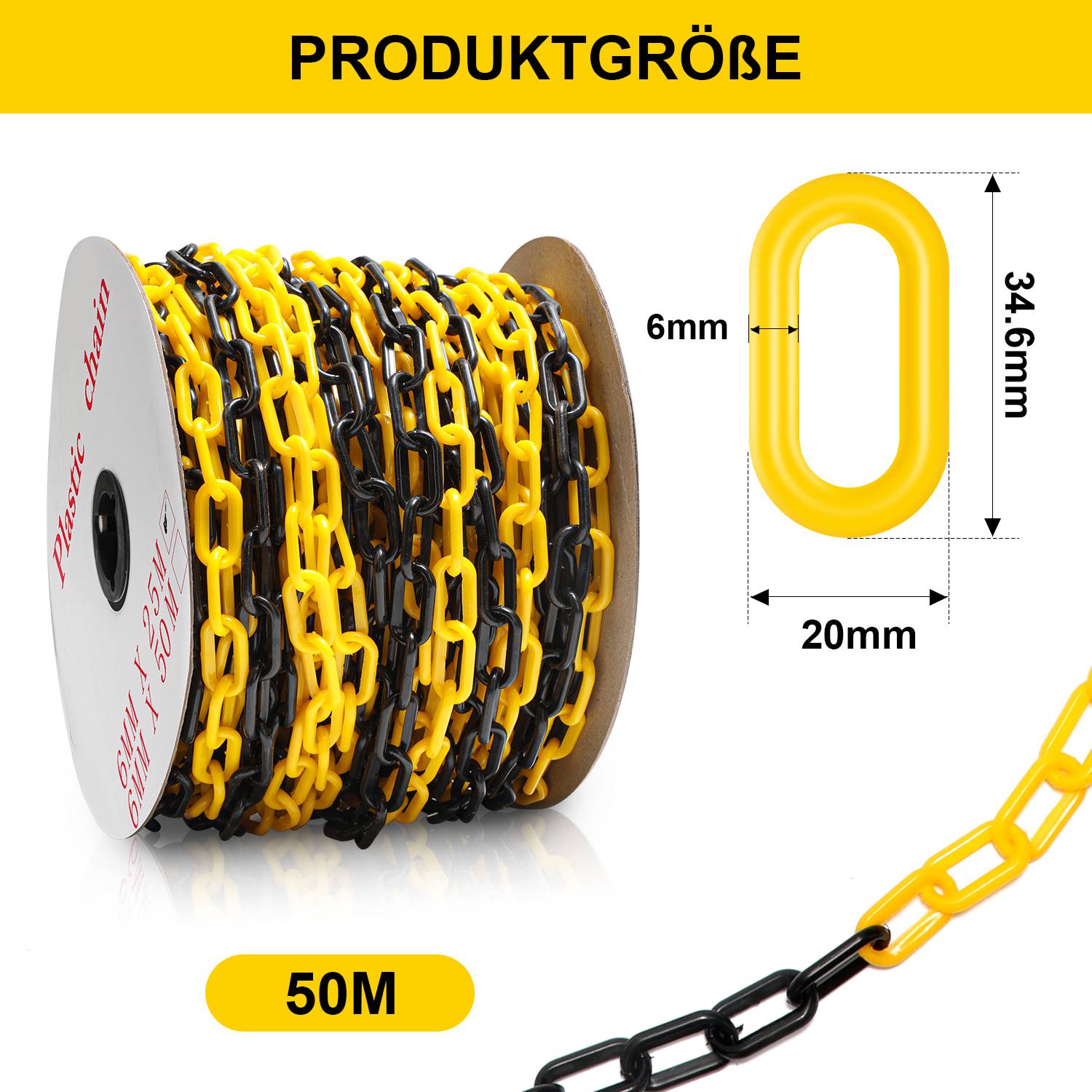 Absperrkette Kunststoffkette schwarz gelb 6mm Stärke für Parkplätze und Parkplatzsperren 50m