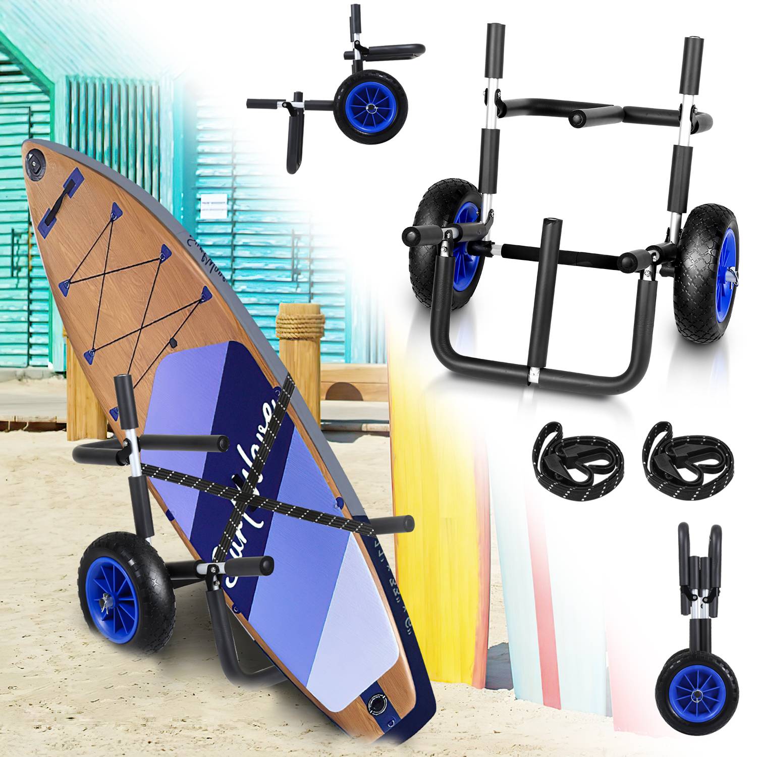 SUP Transportwagen klappbarer Doppel Transportwagen bis 80 kg für SUP Board, Kanus und Kajaks, Surfwagen mit Polstern Surfwagen