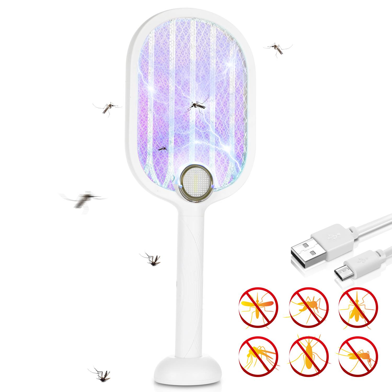 2 in 1 Elektrische Fliegenklatsche Fliegenfänger Mücken Insektenvernichter USB Wiederaufladbar Set Mückenklatsche Insektenfalle Insektenschutz
