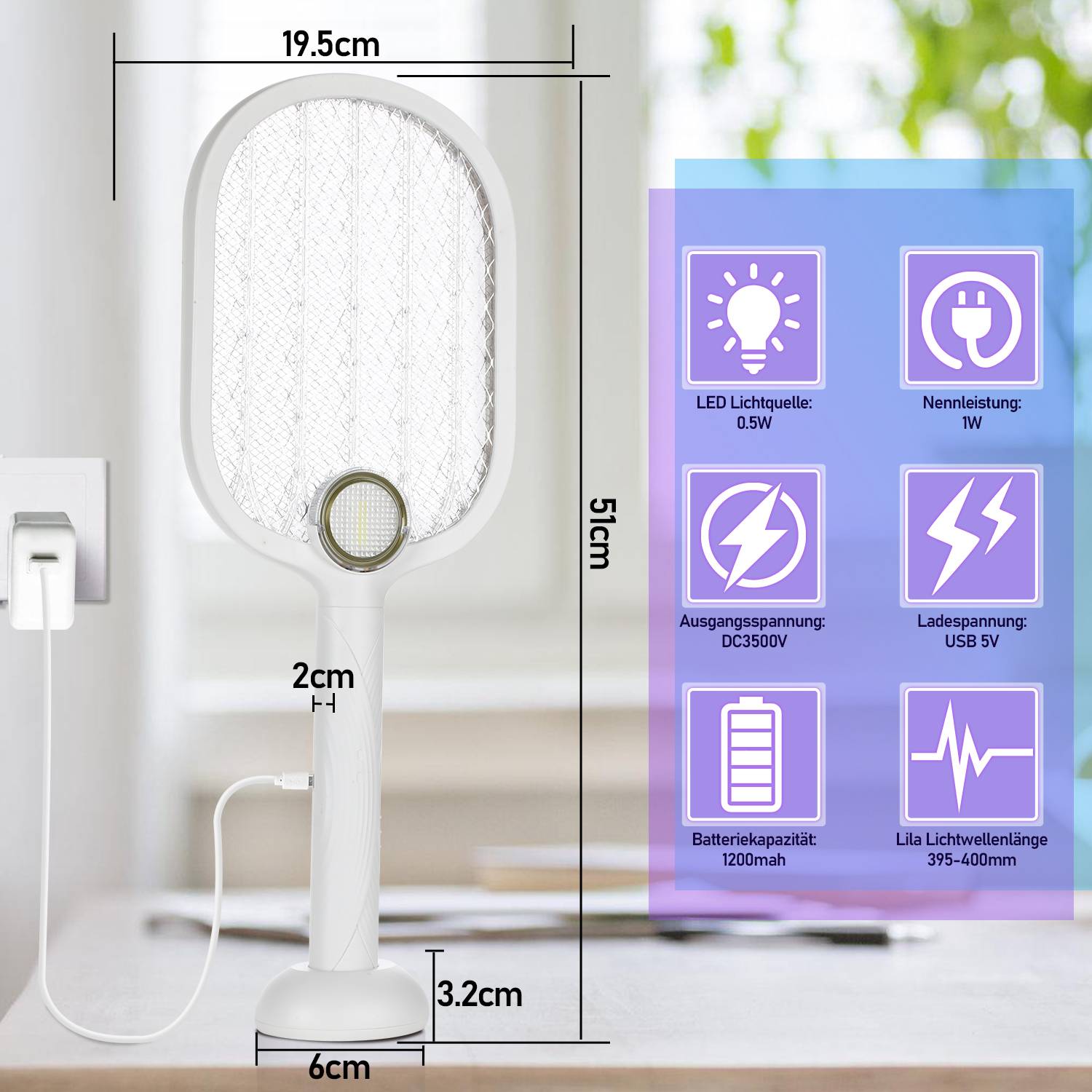 2 in 1 Elektrische Fliegenklatsche Fliegenfänger Mücken Insektenvernichter USB Wiederaufladbar Set Mückenklatsche Insektenfalle Insektenschutz