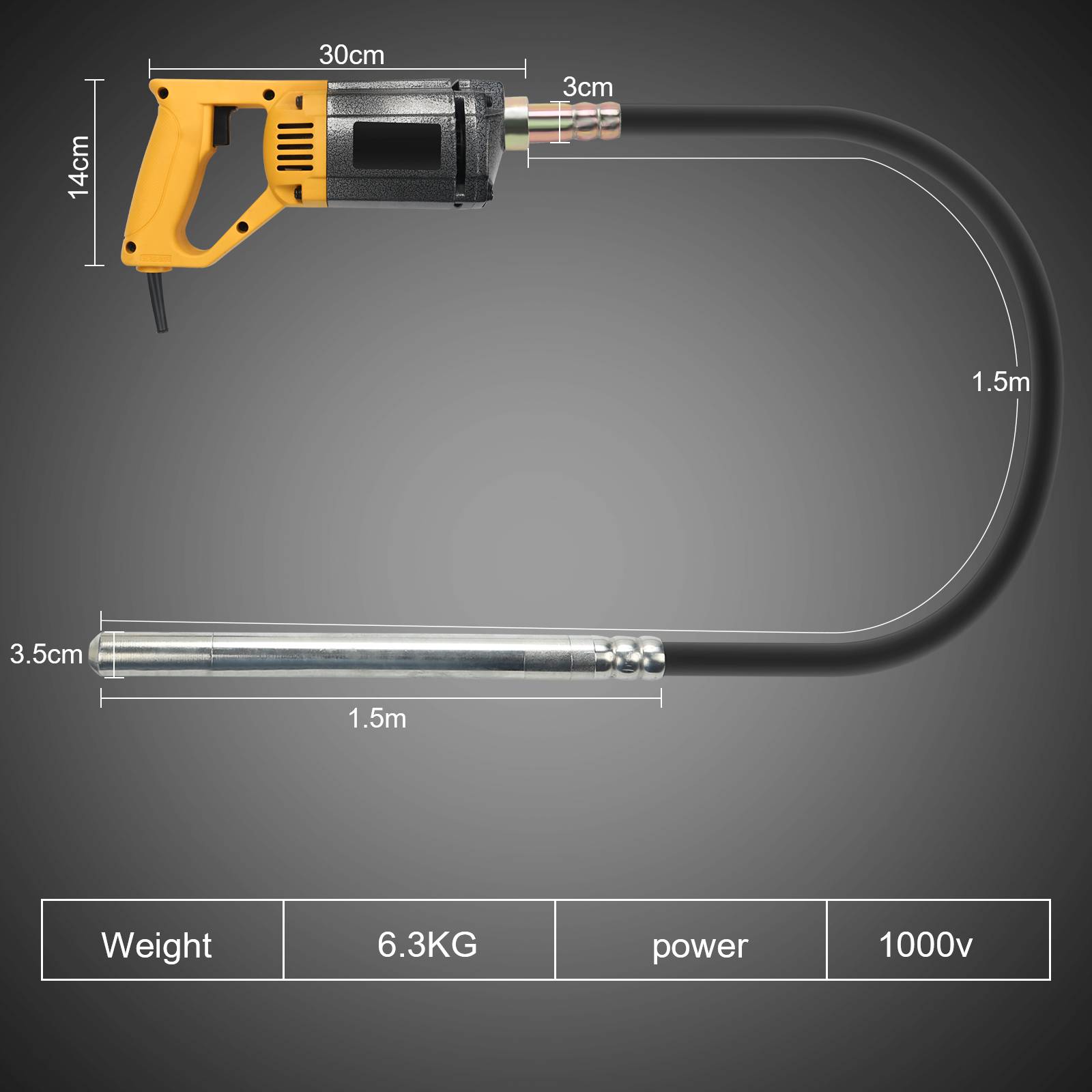 Elektro Betonrüttler 1000 W, Betonverdichter 5000 U/min mit Ø 35 mm Rüttelflasche mit 1.5 m Schlauch