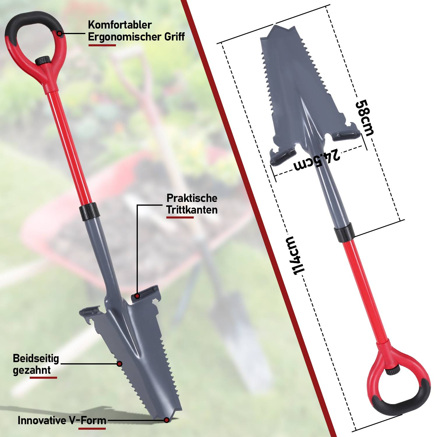Spaten Garten umgekehrtes V-förmiges Blatt Spitz All-in-One Spaten - Gärtnerspaten Rot