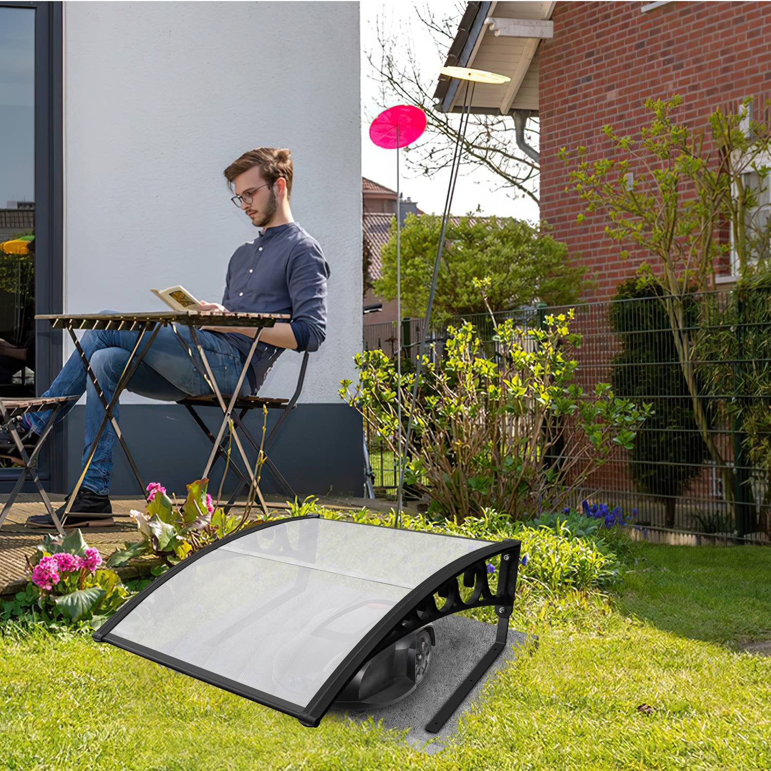 Rasenmäher Garage Rasen Roboter Haube Mähroboter Dach Rasenroboter Sonnenschutz Schwarzer Stahlrahmen 105x85x50 cm