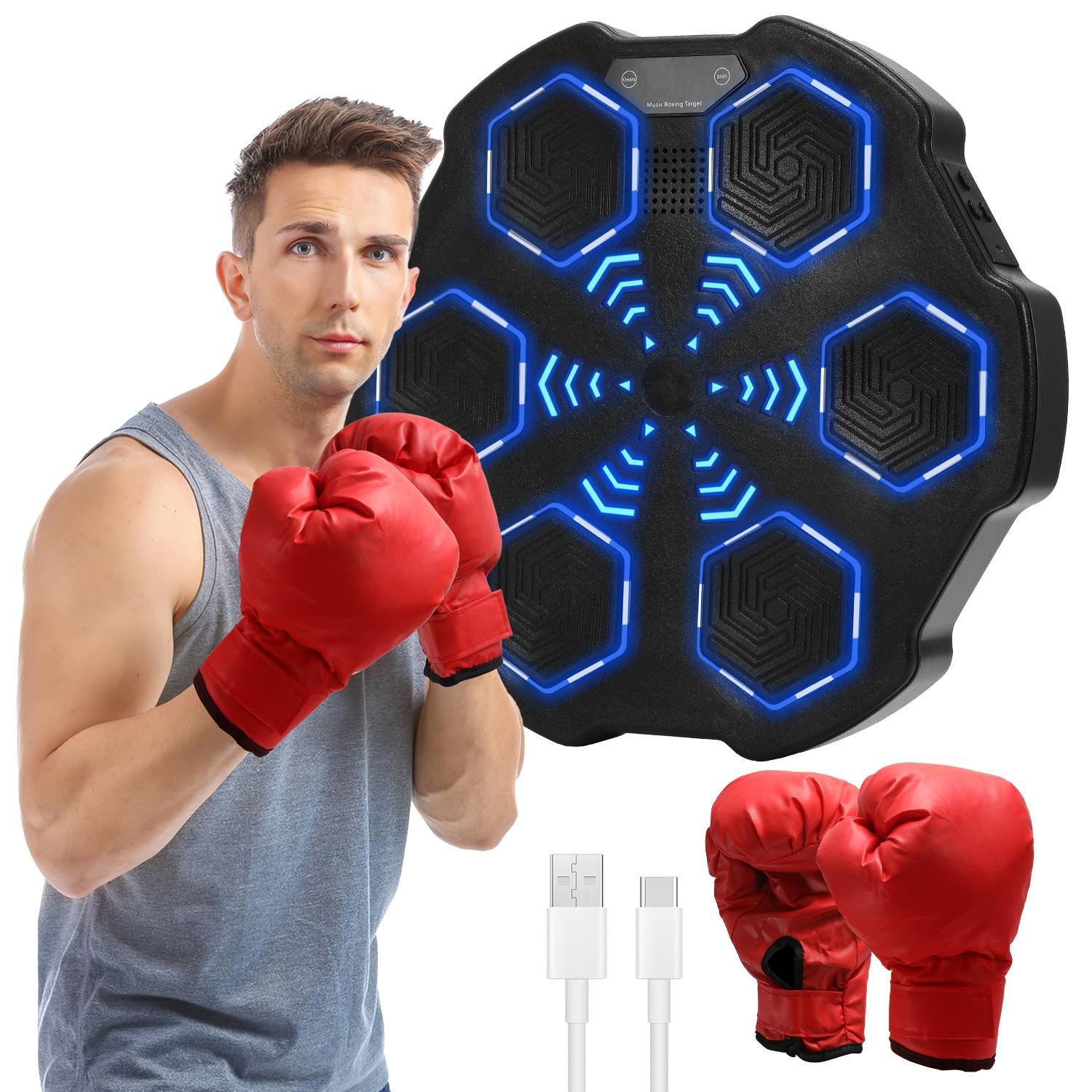 Boxtrainingsset mit einem Mann mit roten Handschuhen, einem elektronischen Schlagziel mit blauen Lichtern und einem Paar roter Boxhandschuhe auf weißem Hintergrund.
