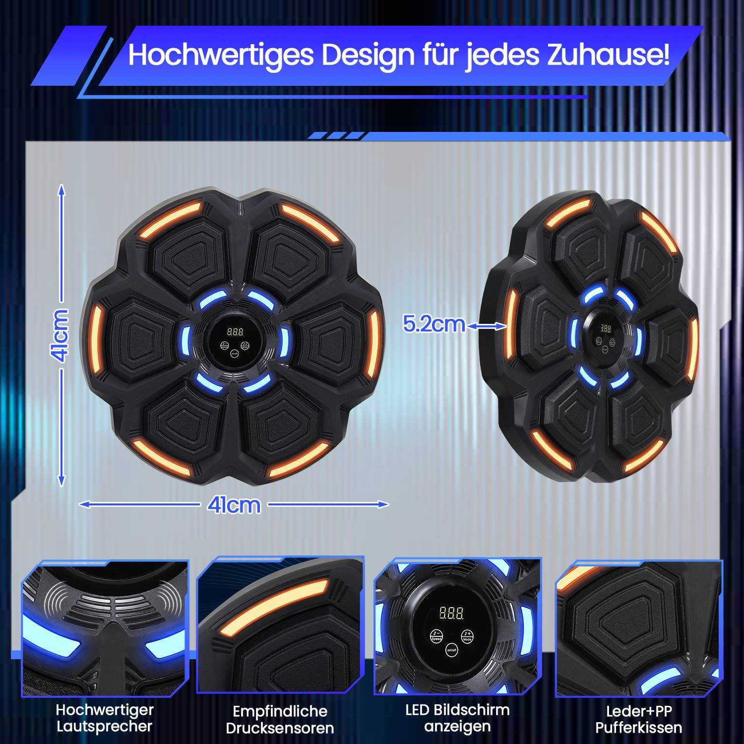 Produktabbildung einer runden schwarzen LED-Wandleuchte, gezeigt in Vorder- und Seitenansicht mit Abmessungen von 41 cm Breite und 5,2 cm Tiefe; Funktionsbeschreibungen darunter.