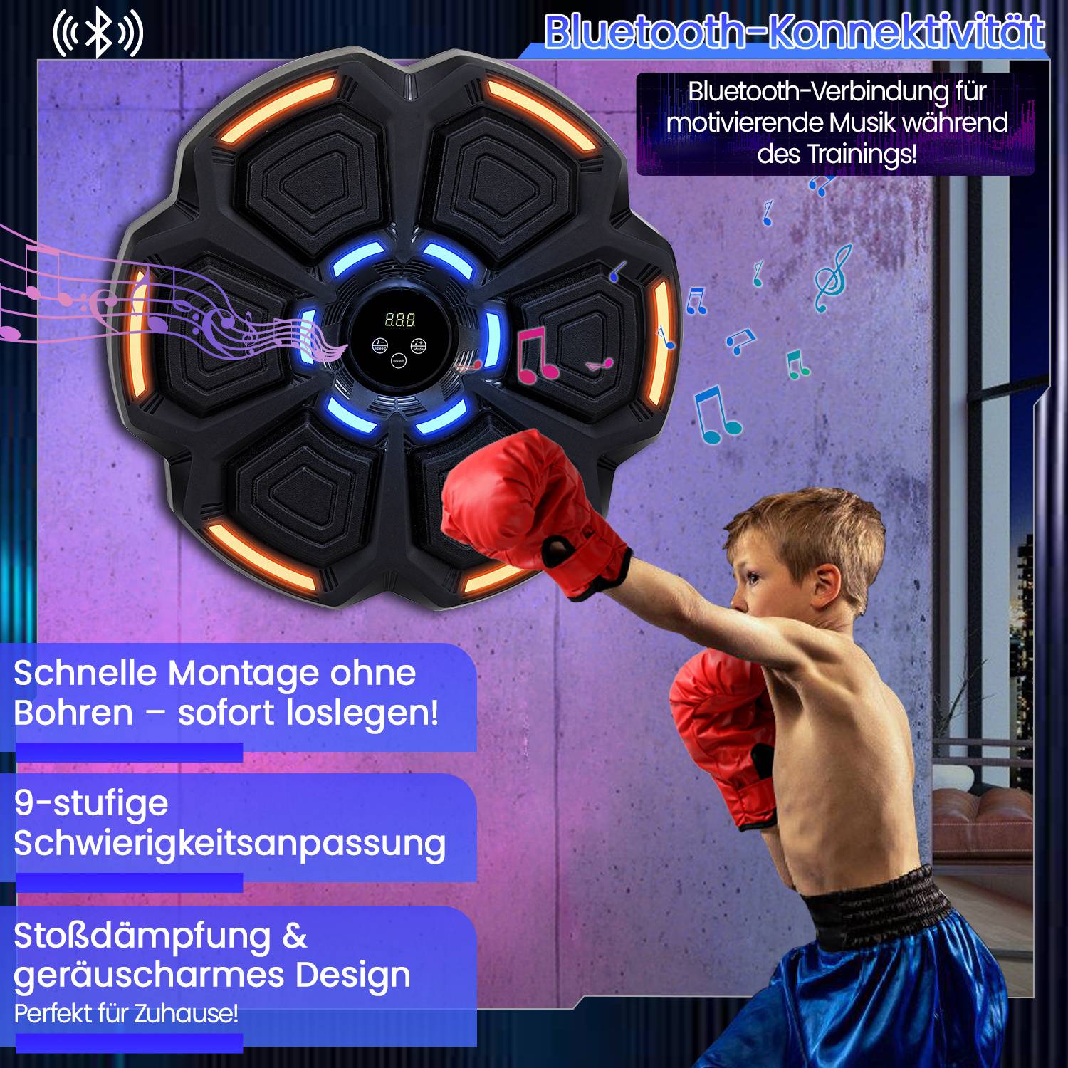 Werbebild eines wandmontierten Bluetooth-Boxtrainingziels mit leuchtenden LED-Ringen und Display, abgebildet mit einem Kind, das davor boxt; deutscher Text hebt einfache Installation, 9 Schwierigkeitsstufen und Stoßdämpfung hervor.