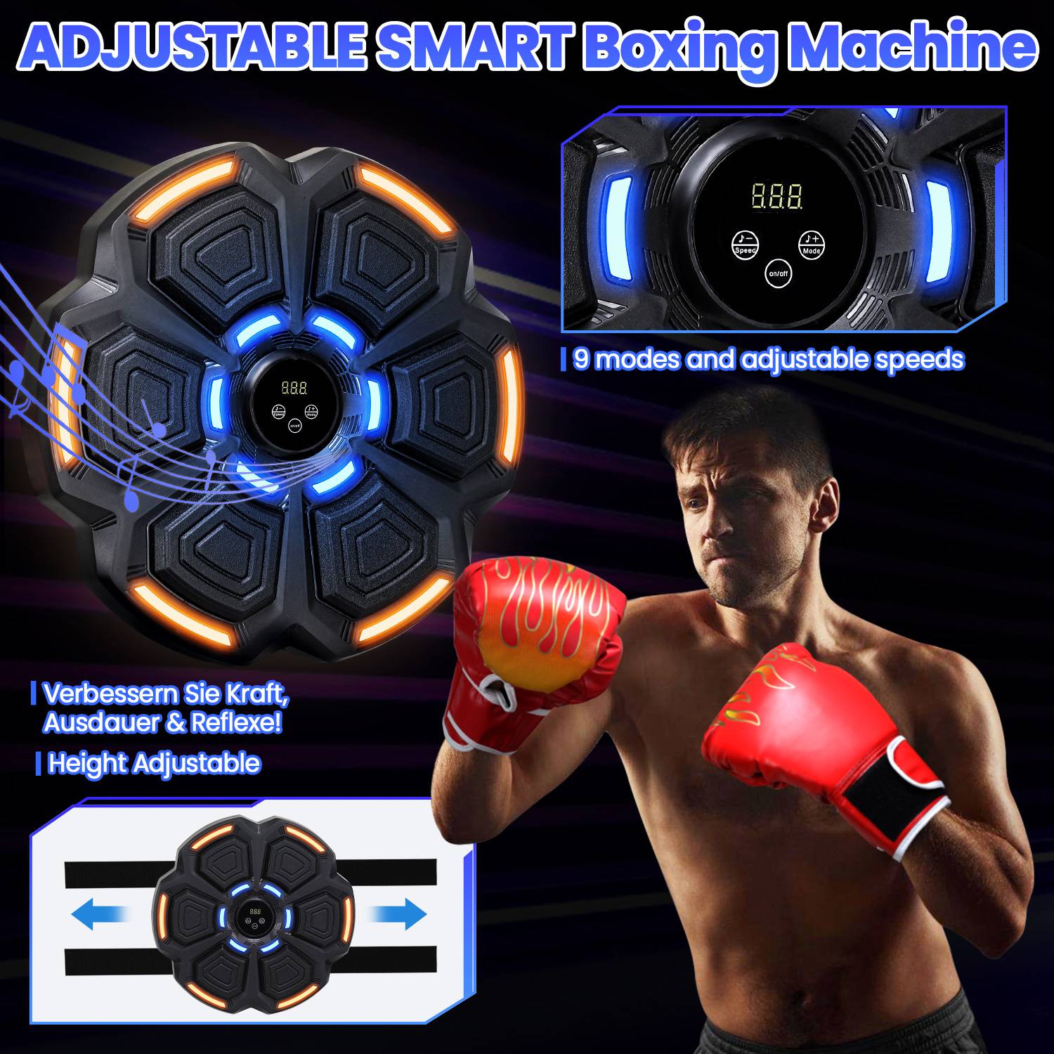 Werbebild einer verstellbaren intelligenten Boxmaschine mit leuchtenden Zielpolstern, digitaler Anzeige, 9 Modi und einstellbaren Geschwindigkeiten; Boxer wird beim Training mit Handschuhen gezeigt.