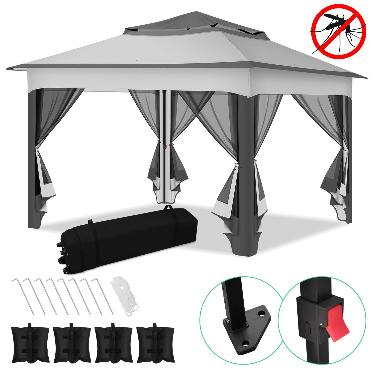Pavillon Pop-up Faltpavillon 3.3x3.3x2.7M Sonnenschirm Pavillon mit Moskitonetz inkl Tragetasche inkl Pavillon Sandsäcke UV-Schutz Doppeltes Dach