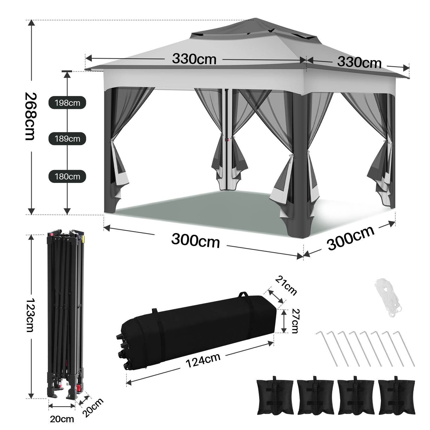 Pavillon Pop-up Faltpavillon 3.3x3.3x2.7M Sonnenschirm Pavillon mit Moskitonetz inkl Tragetasche inkl Pavillon Sandsäcke UV-Schutz Doppeltes Dach