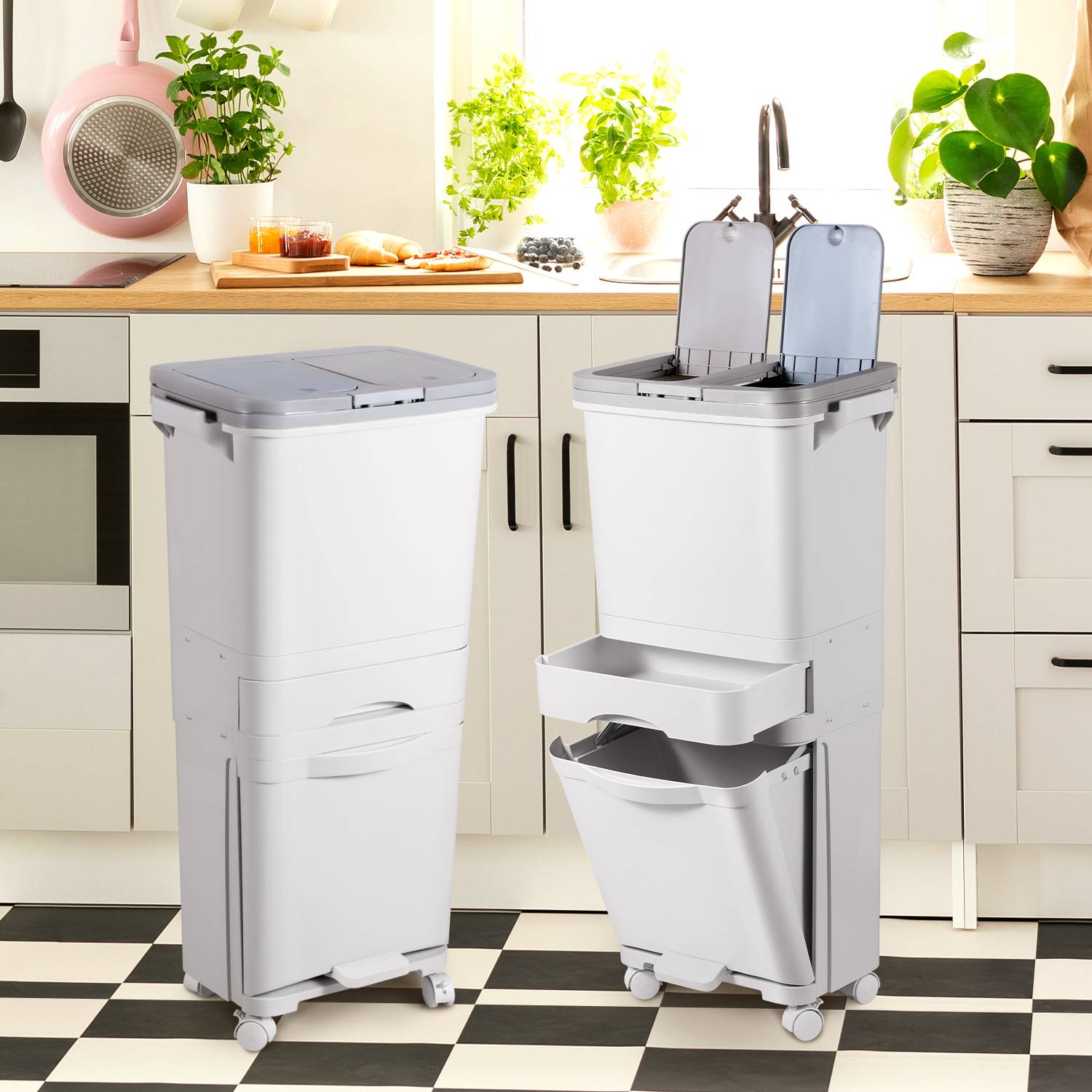 42L Abfalleimer Mülleimer Küche Müllsortier 4 Fächer Recycler Lagerschrank Pedal