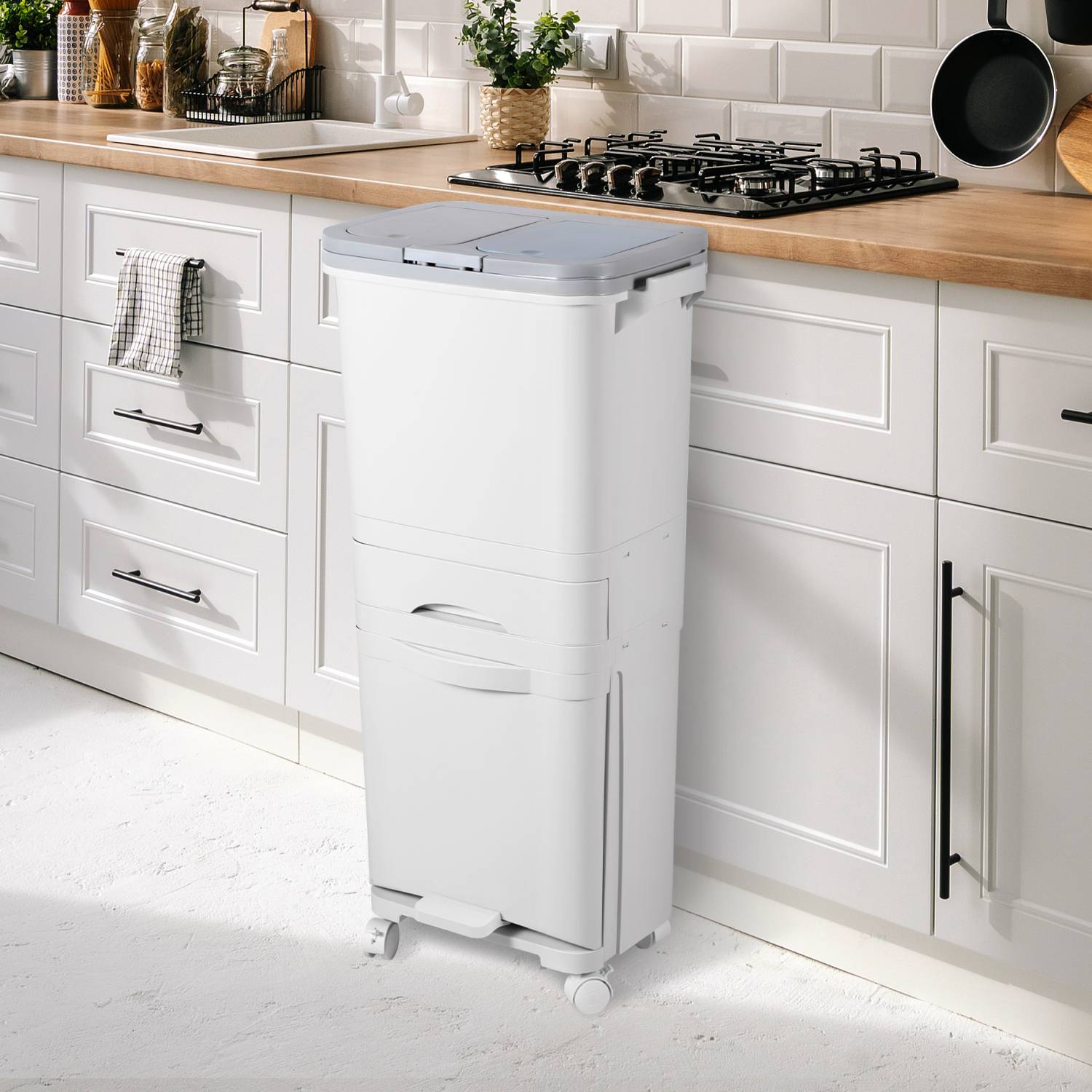 Mülleimer Trennsystem 4 Fächer Recycler Lagerschrank 42 Liter inkl. Pedal