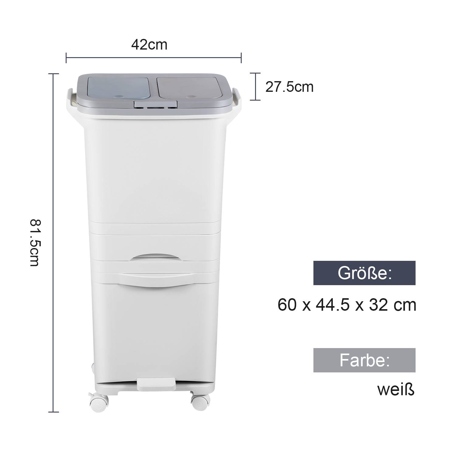 Mülleimer Trennsystem 4 Fächer Recycler Lagerschrank 42 Liter inkl. Pedal