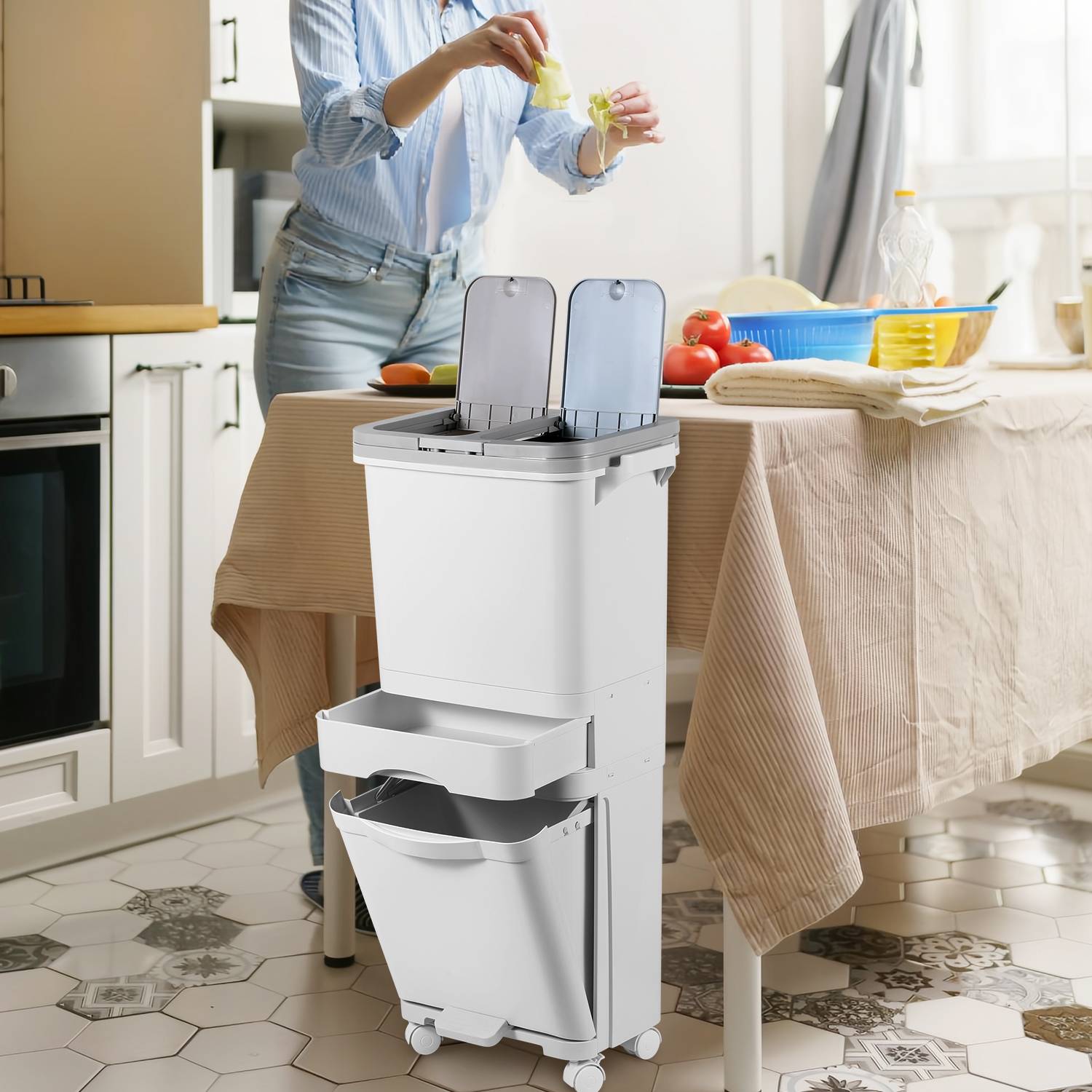 Mülleimer Trennsystem 4 Fächer Recycler Lagerschrank 42 Liter inkl. Pedal