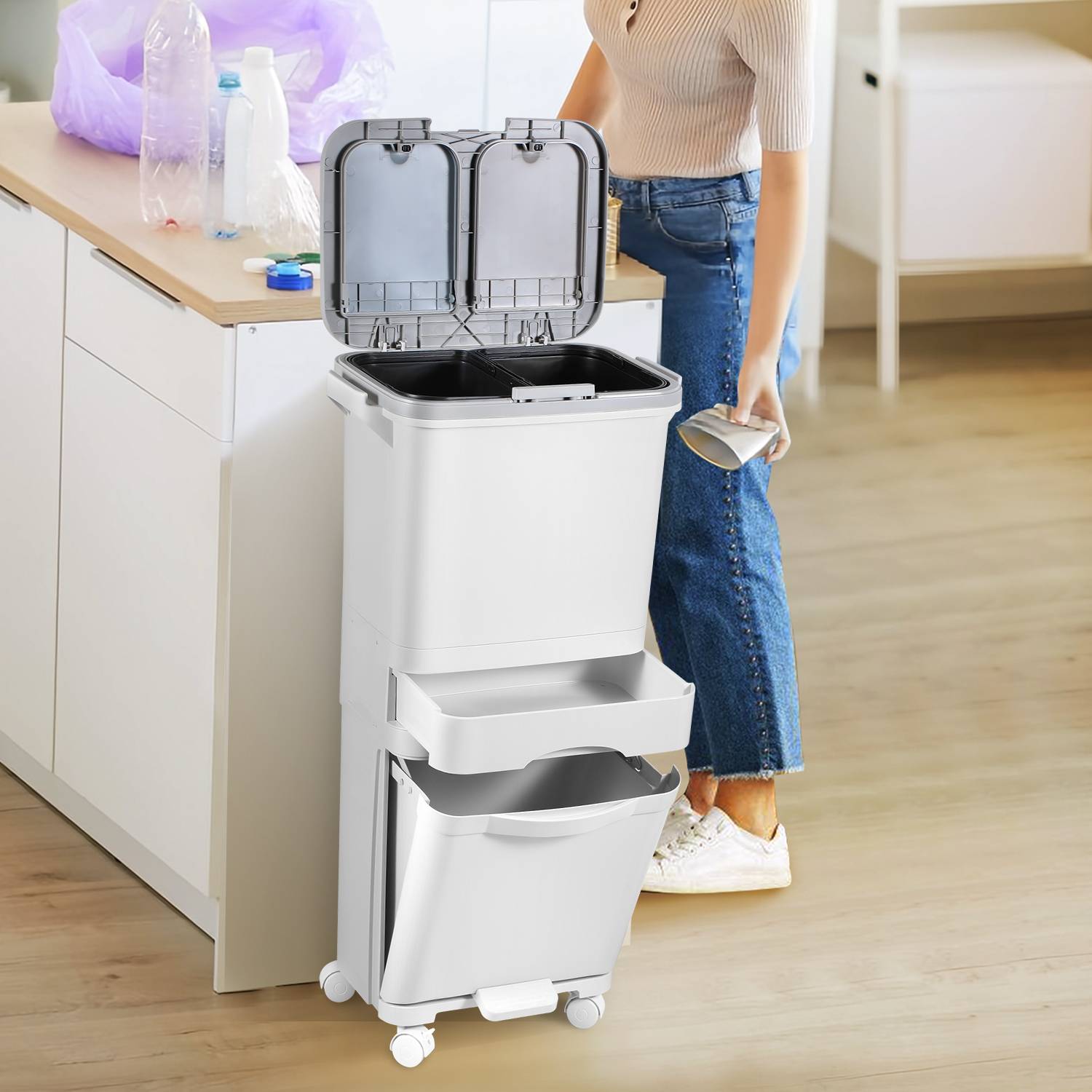 Mülleimer Trennsystem 4 Fächer Recycler Lagerschrank 42 Liter inkl. Pedal