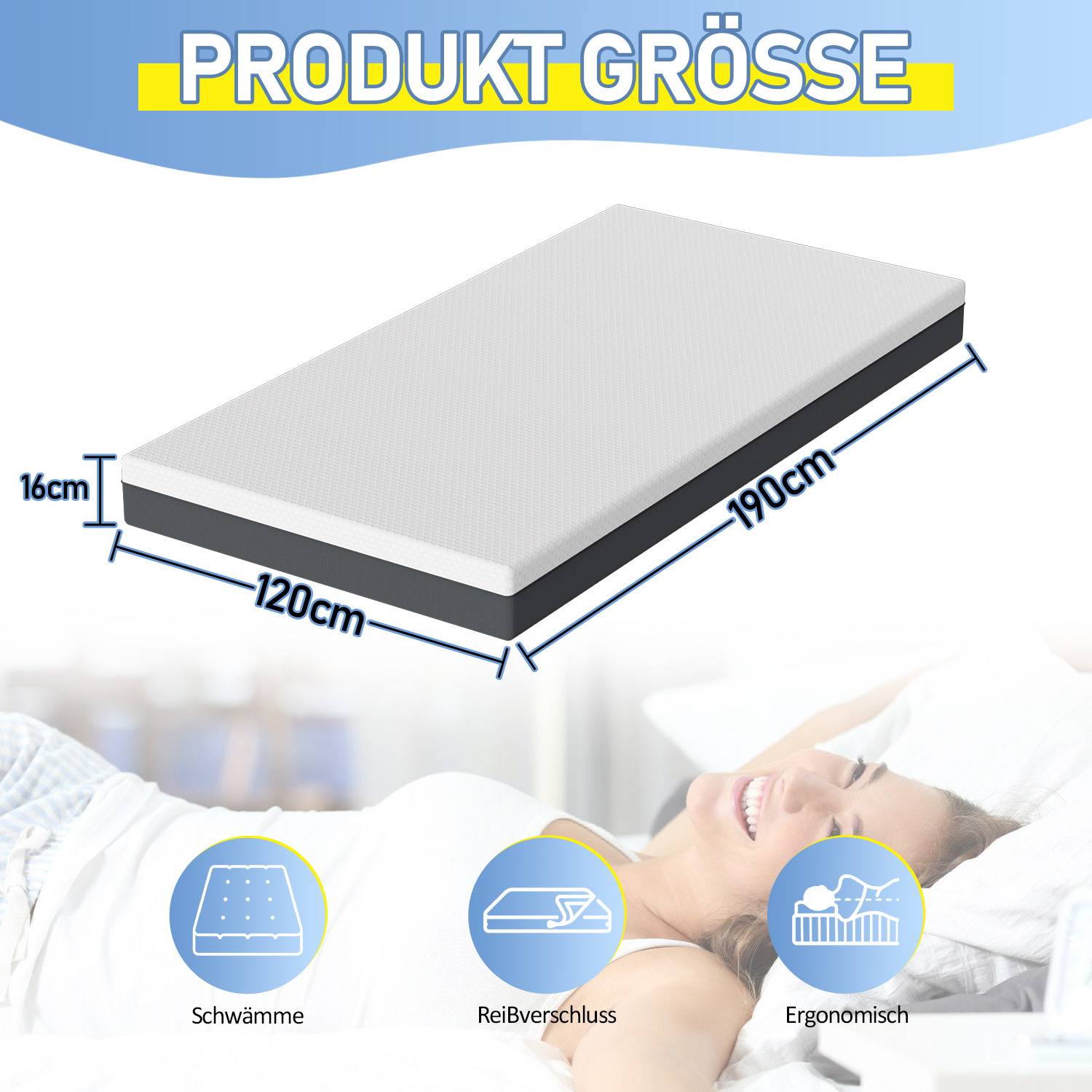 Matratze Premium Ergonomische Kaltschaummatratze 120x190x16 cm saugstark hohe Atmungsaktivität H3 Abbau von körperlichem Stress