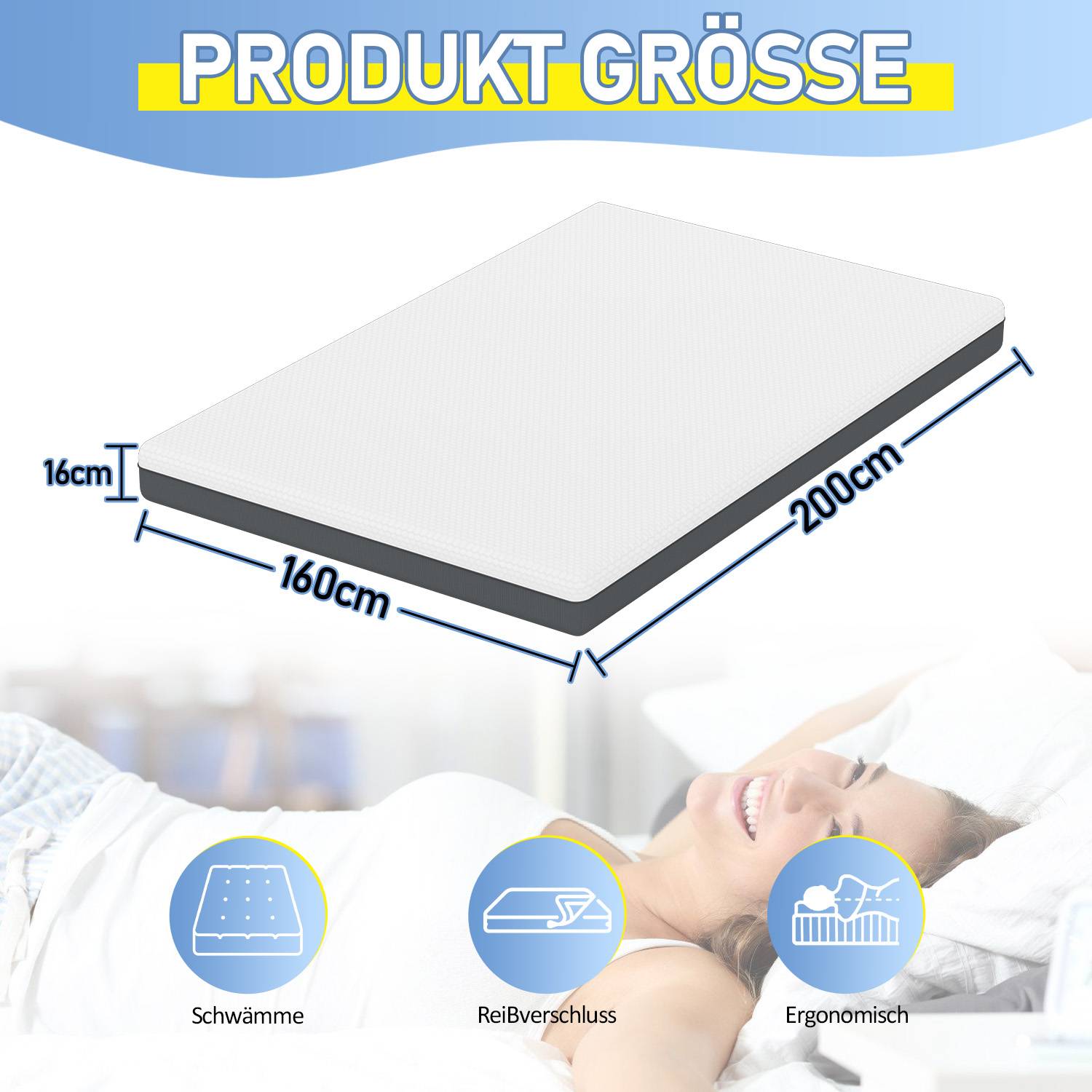 Matratze Premium Ergonomische Kaltschaummatratze 160x200x16 cm saugstark hohe Atmungsaktivität H3 Abbau von körperlichem Stress