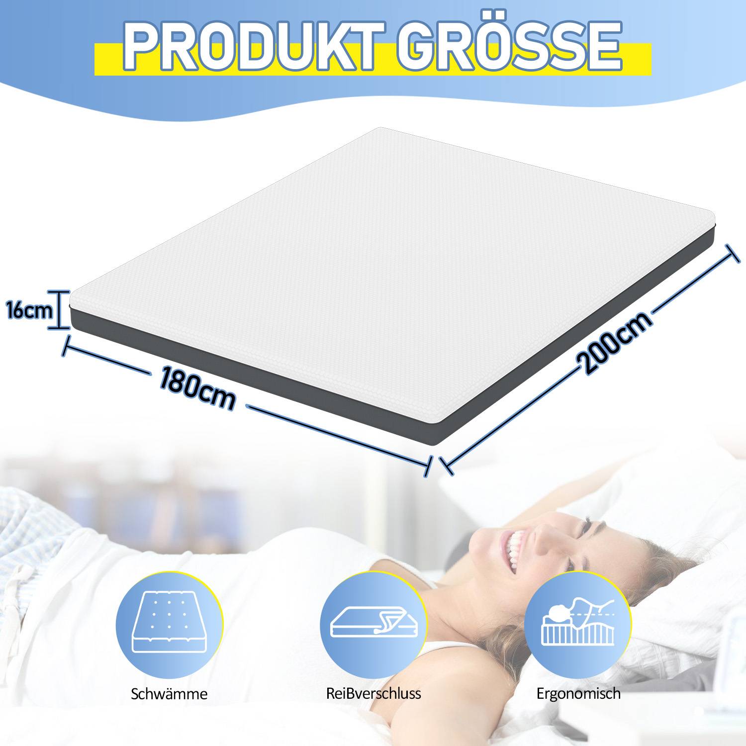 Matratze Premium Ergonomische Kaltschaummatratze 180x200x16 cm saugstark hohe Atmungsaktivität H3 Abbau von körperlichem Stress