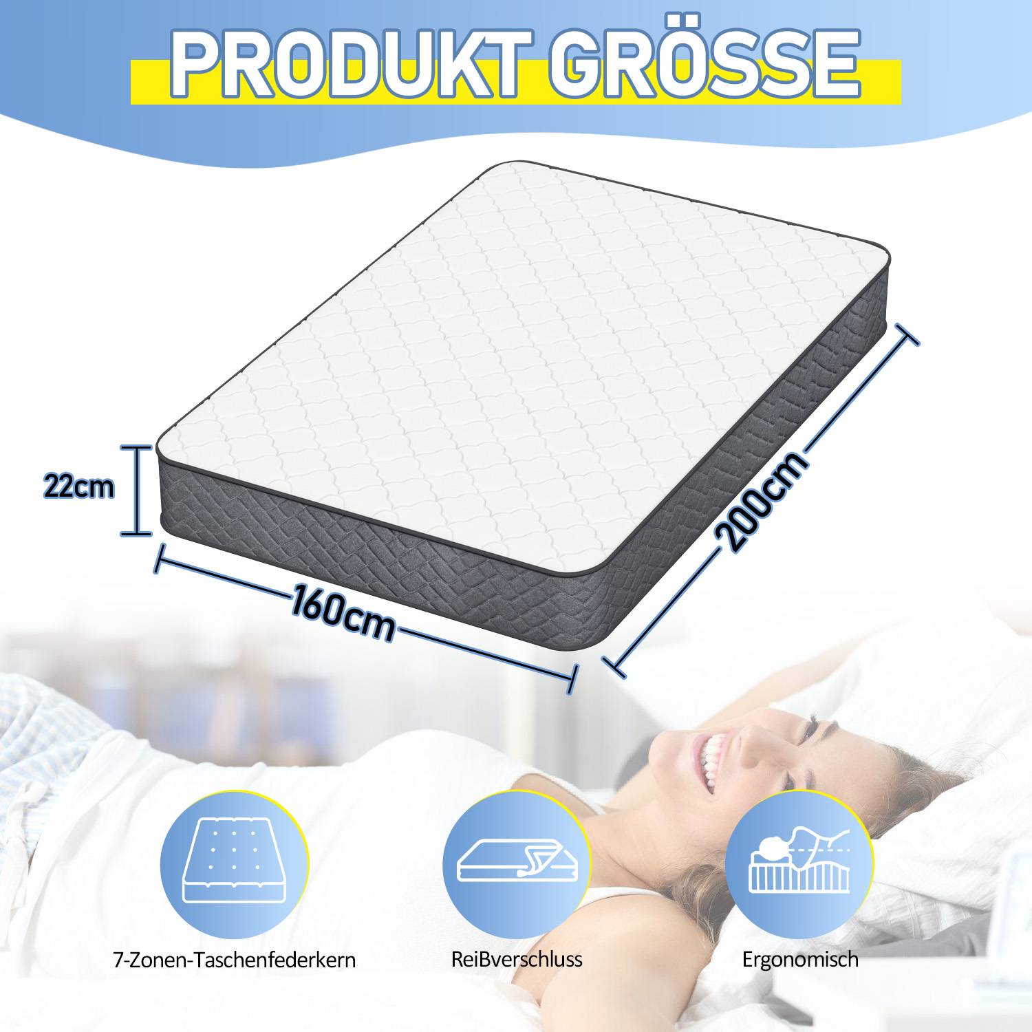 Matratze mit Taschenfederkern Premium 7-Zonen 160x200x22cm Weicher und bequemer Stoff Ausgezeichnete Elastizität H3 Schlaf verbessern