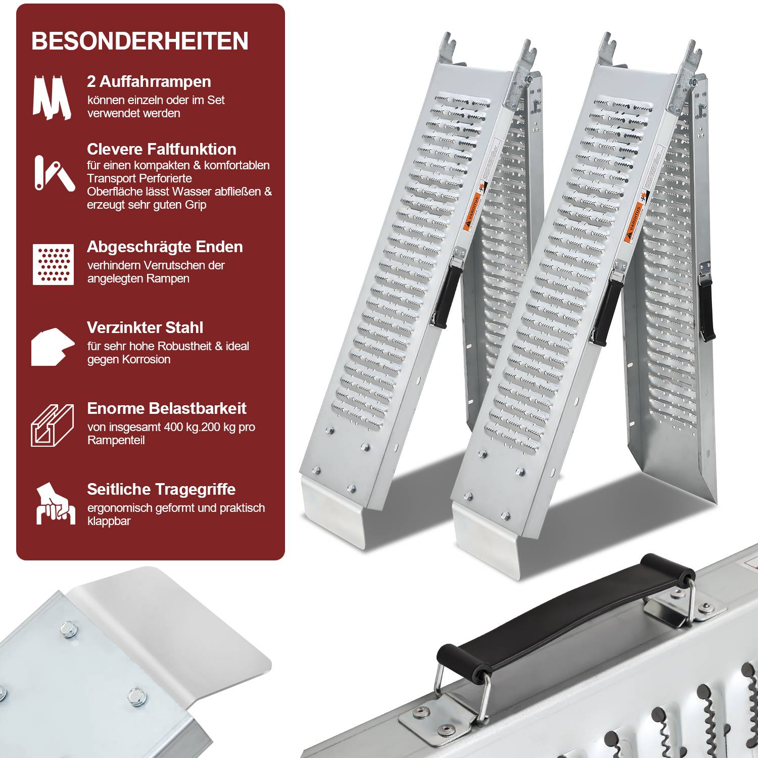 2x Faltbare Auffahrrampe 180 x 22.5 cm max. 400 kg Verladerampe Laderampe Klappbar Eisen Rampe mit Griff für Motorrad ATV
