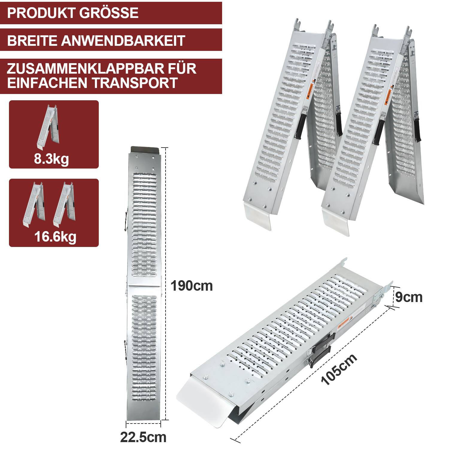 2x Faltbare Auffahrrampe 180 x 22.5 cm max. 400 kg Verladerampe Laderampe Klappbar Eisen Rampe mit Griff für Motorrad ATV