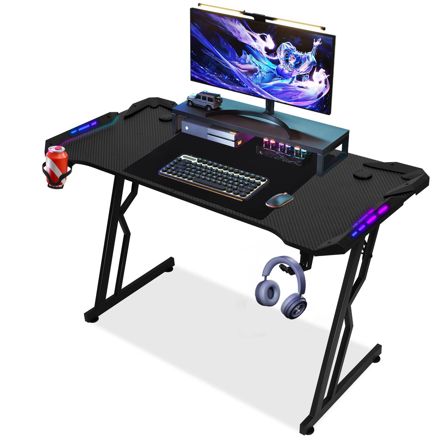 120 x 60cm Gaming Tisch, Gaming Schreibtisch mit Mauspad,Gamer Tisch Computertisch mit Kopfhörerhaken Schwarz