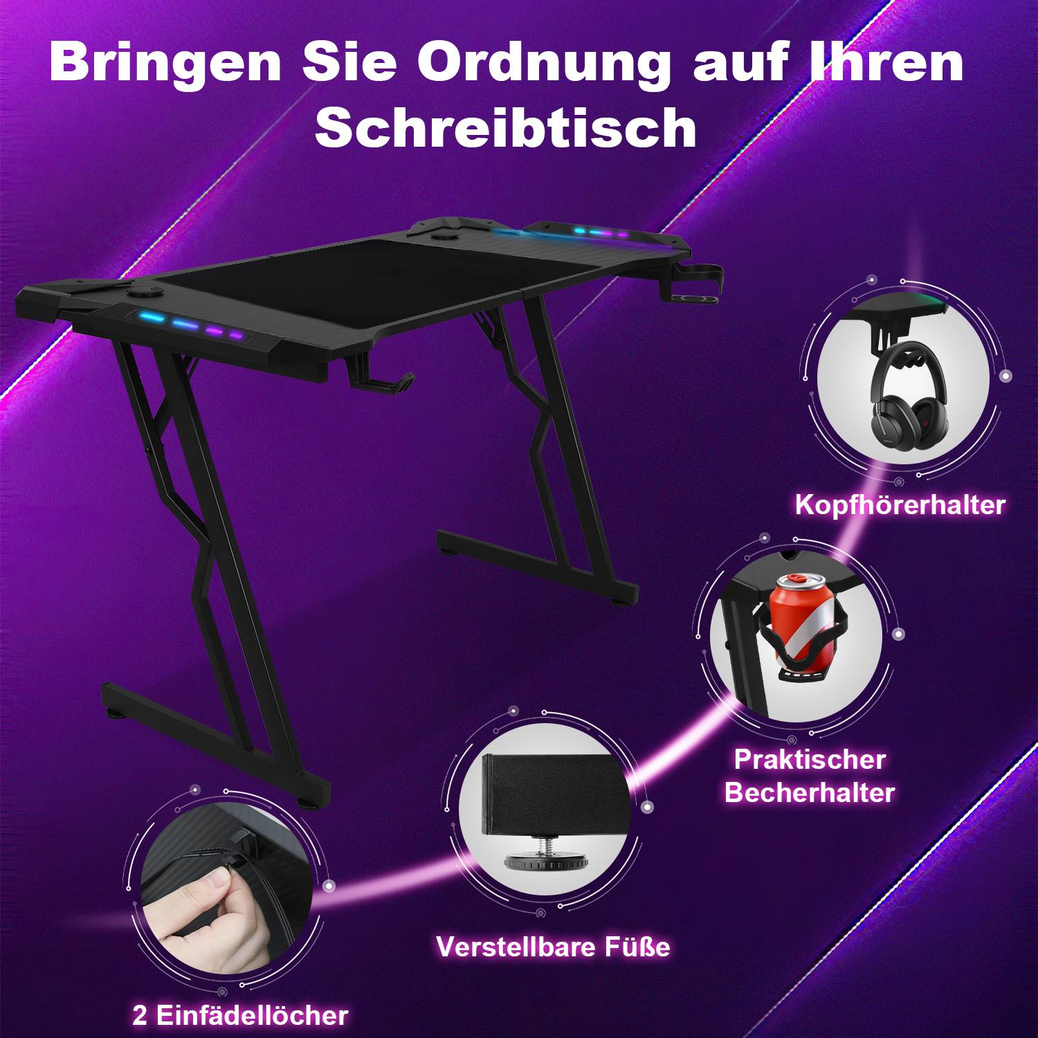 120 x 60cm Gaming Tisch, Gaming Schreibtisch mit Mauspad,Gamer Tisch Computertisch mit Kopfhörerhaken Schwarz