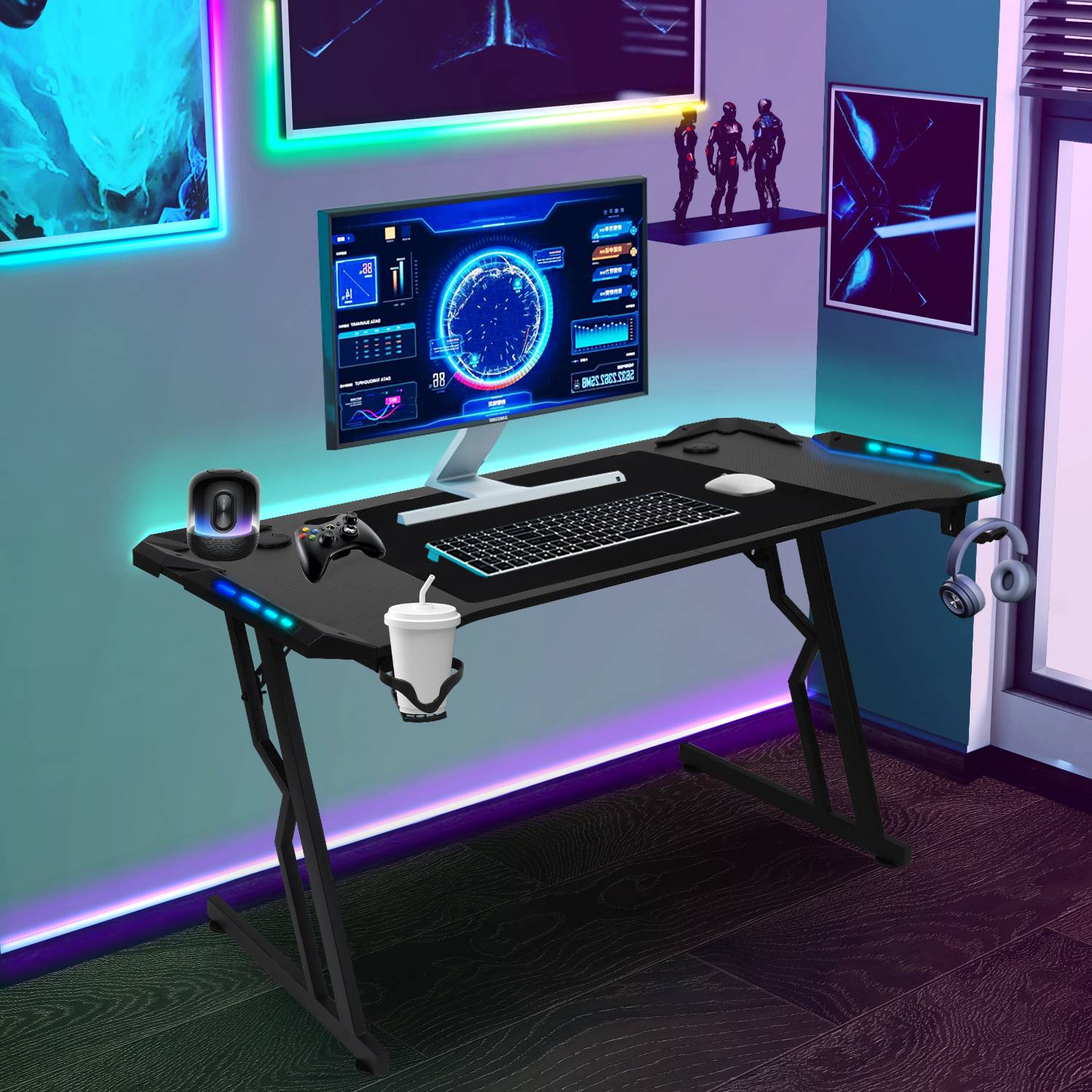 140 x 60cm Gaming Tisch, Gaming Schreibtisch mit Mauspad,Gamer Tisch Computertisch mit Kopfhörerhaken Schwarz