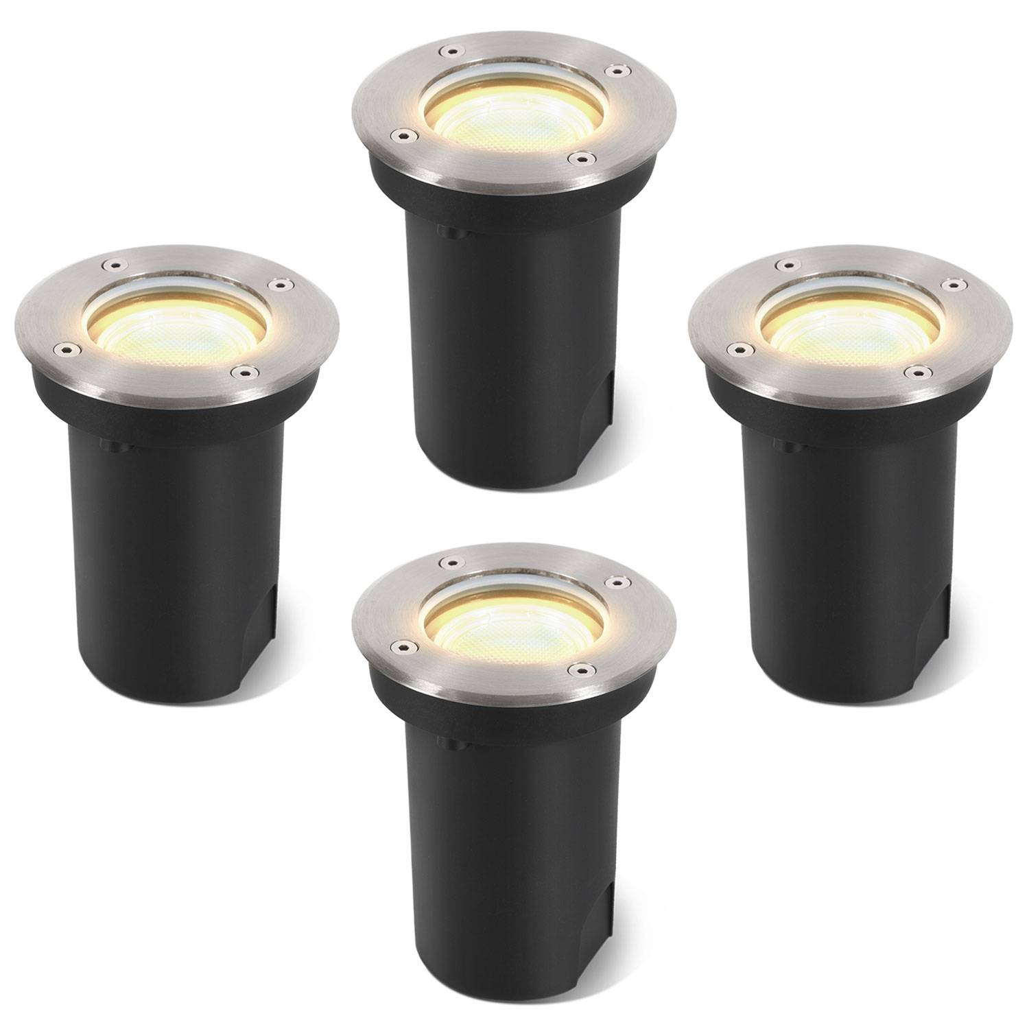 4x 3W Bodenleuchte Schwenkbar IP67 Außen LED Bodeneinbaustrahler Bodenstrahler Bodenlampe Warmweiß - Silber Gehäuse