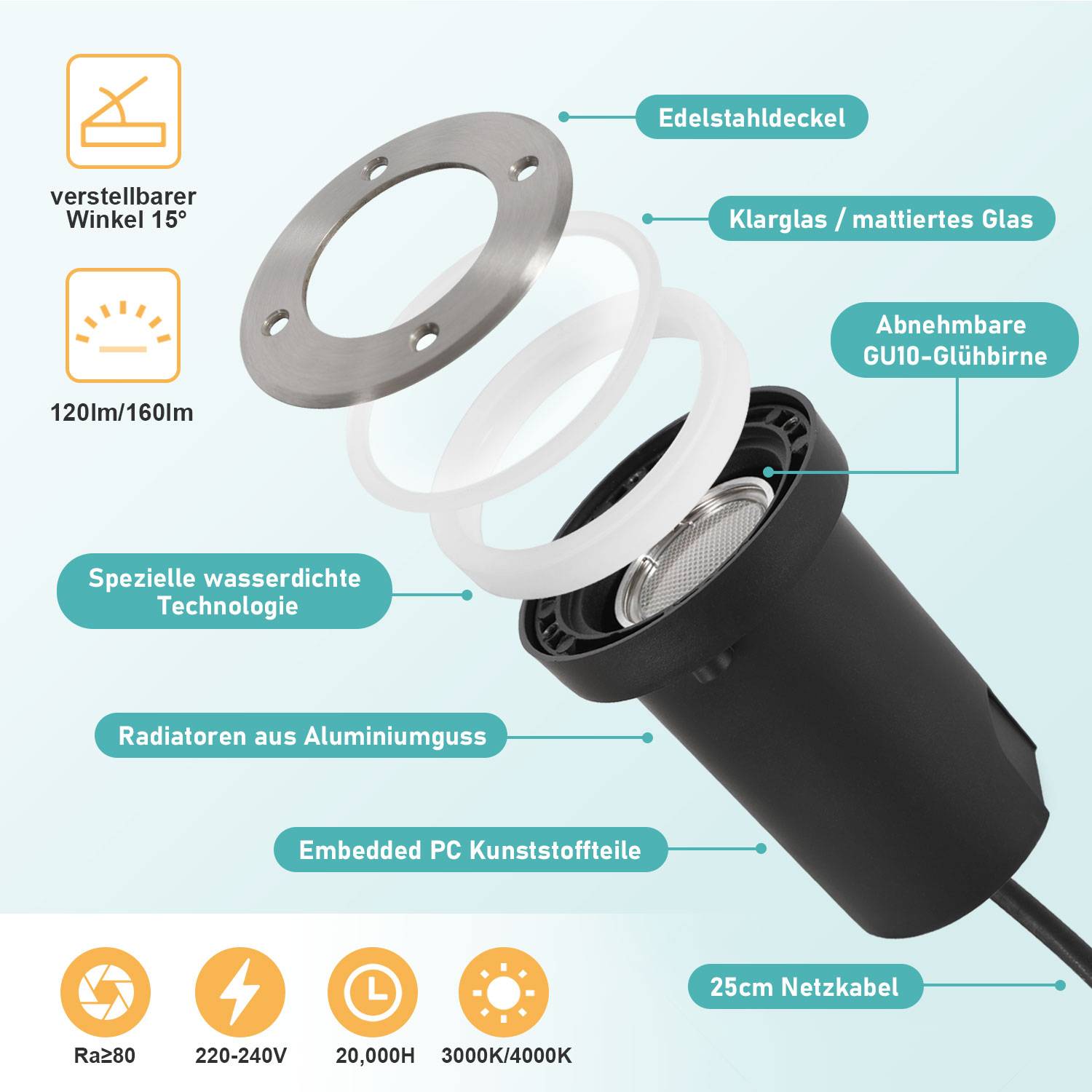 8x 3W Bodenleuchte Schwenkbar IP67 Außen LED Bodeneinbaustrahler Bodenstrahler Bodenlampe Neutralweiß - Silber Gehäuse