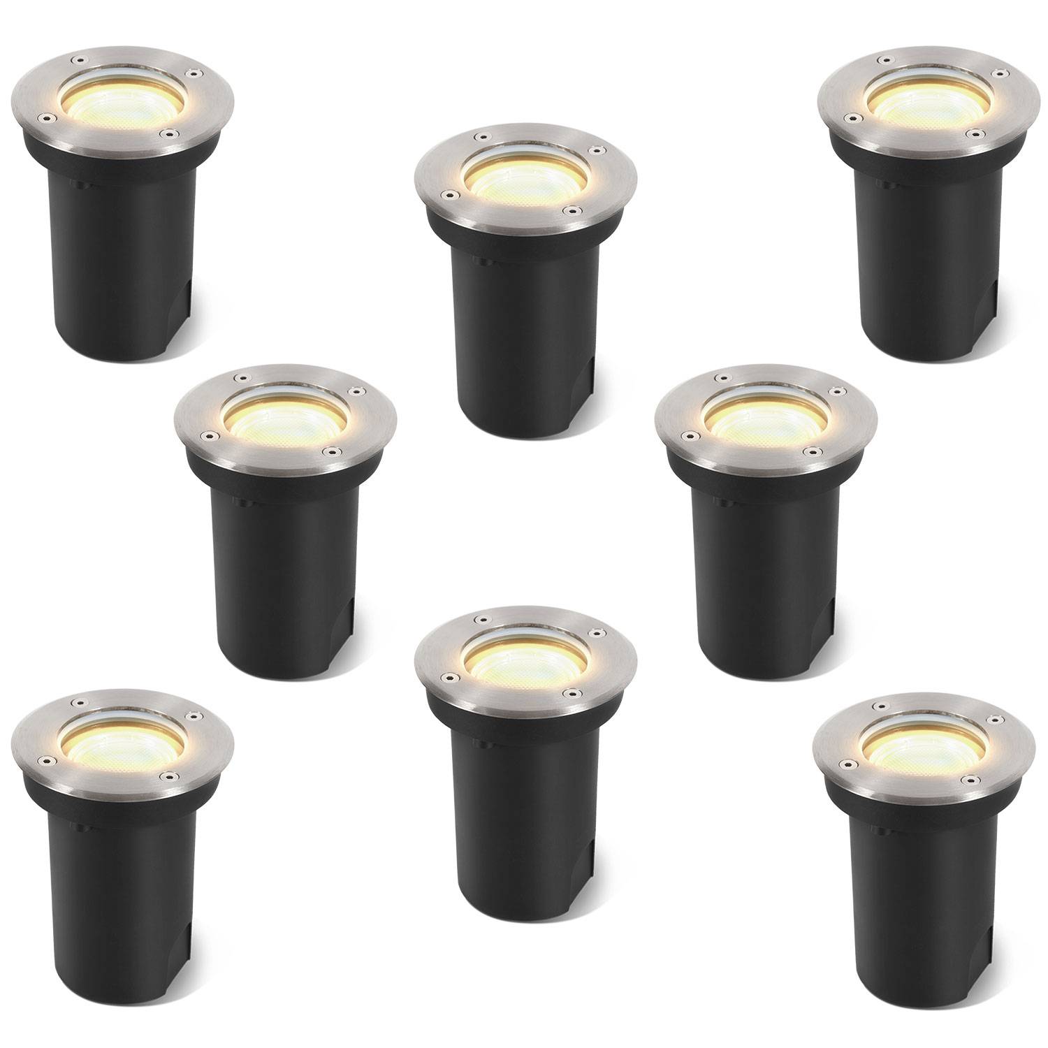8x 3W Bodenleuchte Schwenkbar IP67 Außen LED Bodeneinbaustrahler Bodenstrahler Bodenlampe Warmweiß - Silber Gehäuse