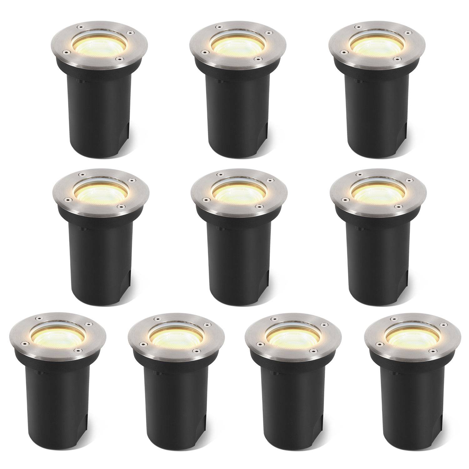 10x 3W Bodenleuchte Schwenkbar IP67 Außen LED Bodeneinbaustrahler Bodenstrahler Bodenlampe Warmweiß - Silber Gehäuse