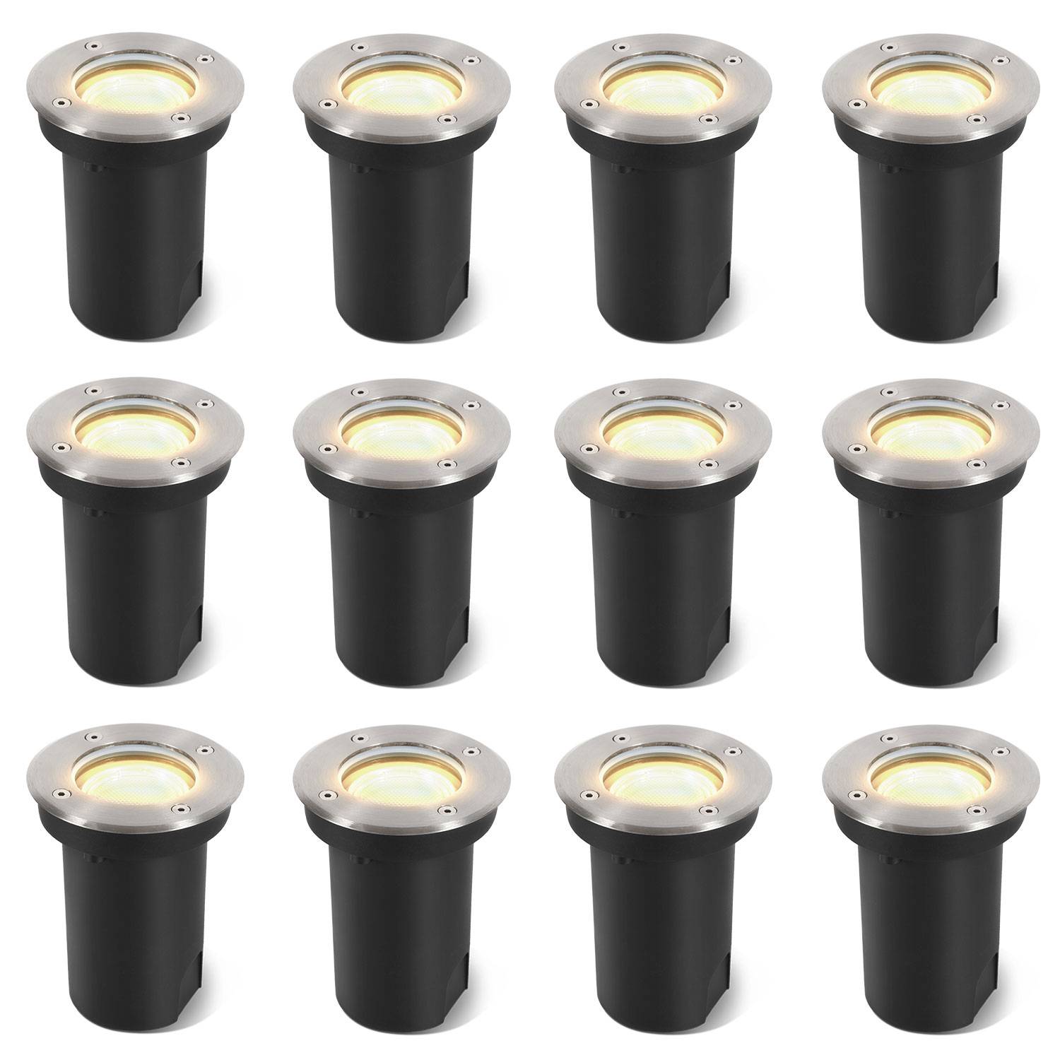 12x 3W Bodenleuchte Schwenkbar IP67 Außen LED Bodeneinbaustrahler Bodenstrahler Bodenlampe Warmweiß - Silber Gehäuse